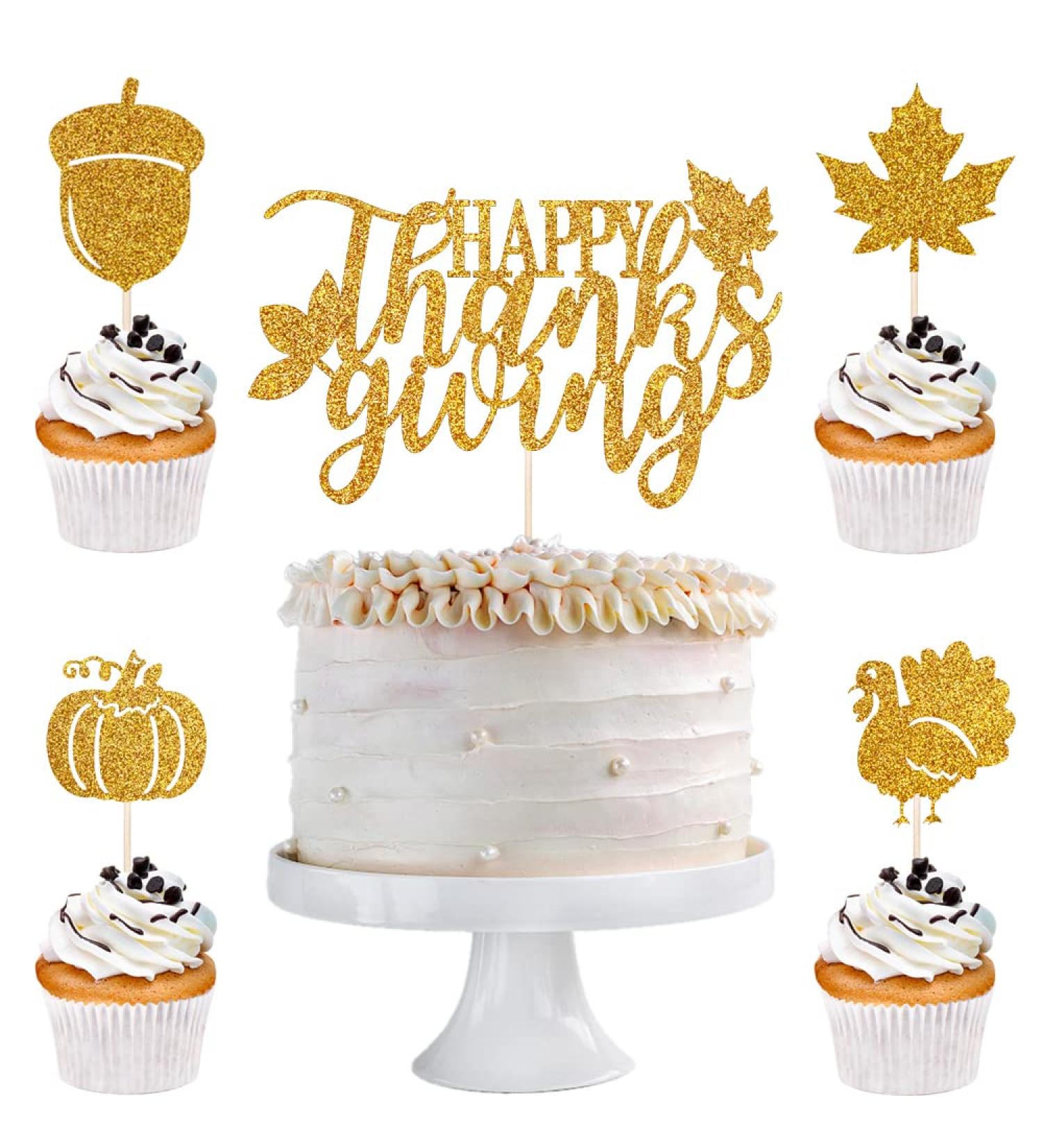 Qertesl 25PCS Thanksgiving Cupcake Toppers Turkey Maple Pumpkin Fall Themed Cake Topper Thanksgiving Party Cake Decorating Harvest Season Cake Decorating Cupcake Dessert Picks Gold4 - Buy Online on GoSupps.com