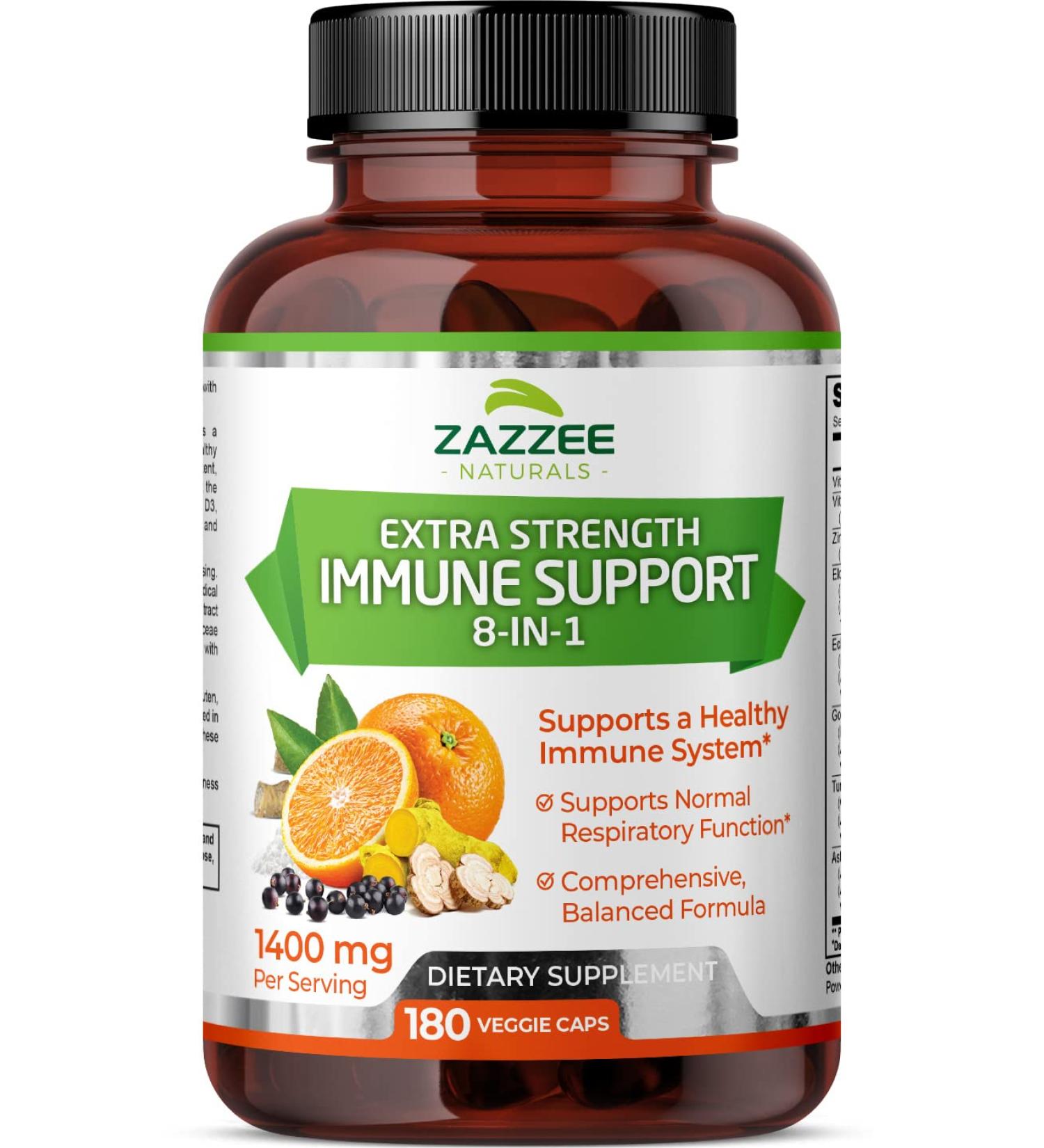 Zazzee Extra Strength 8-in-1 Immune Support - 180 Vegan Capsules | Vitamin C, D3, Zinc, Elderberry, Echinacea, Goldenseal, Turmeric, and Astragalus - 1400mg per Capsule, All-Natural - Buy Online on GoSupps.com