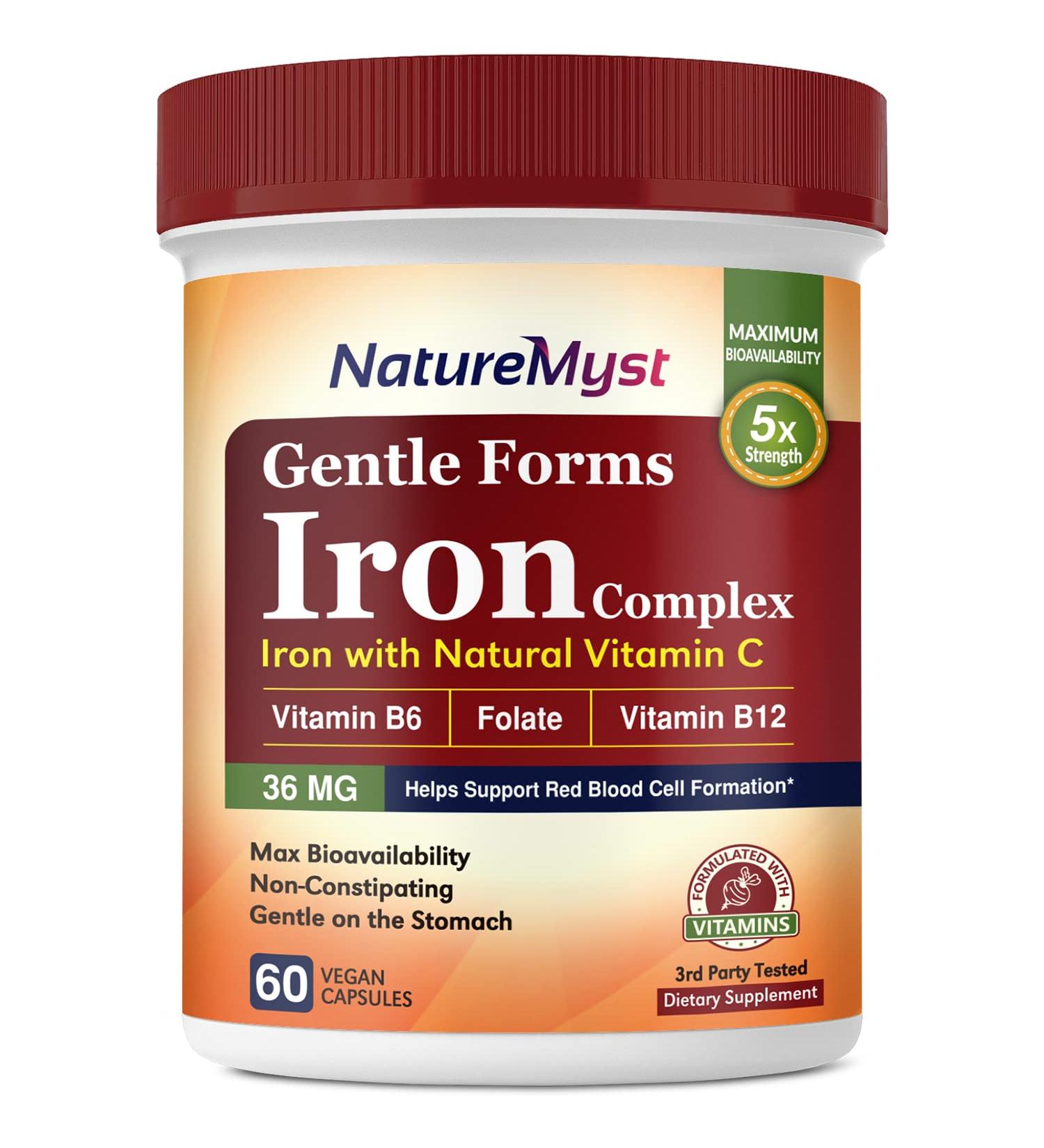 NatureMyst Iron Complex 36mg - Non-Constipating Formula with 4 Bioactive Vitamins - 60 Veggie Capsules - Blood Building, Heart Health, Energy Booster - Non-GMO, Gluten Free - Buy Online on GoSupps.com