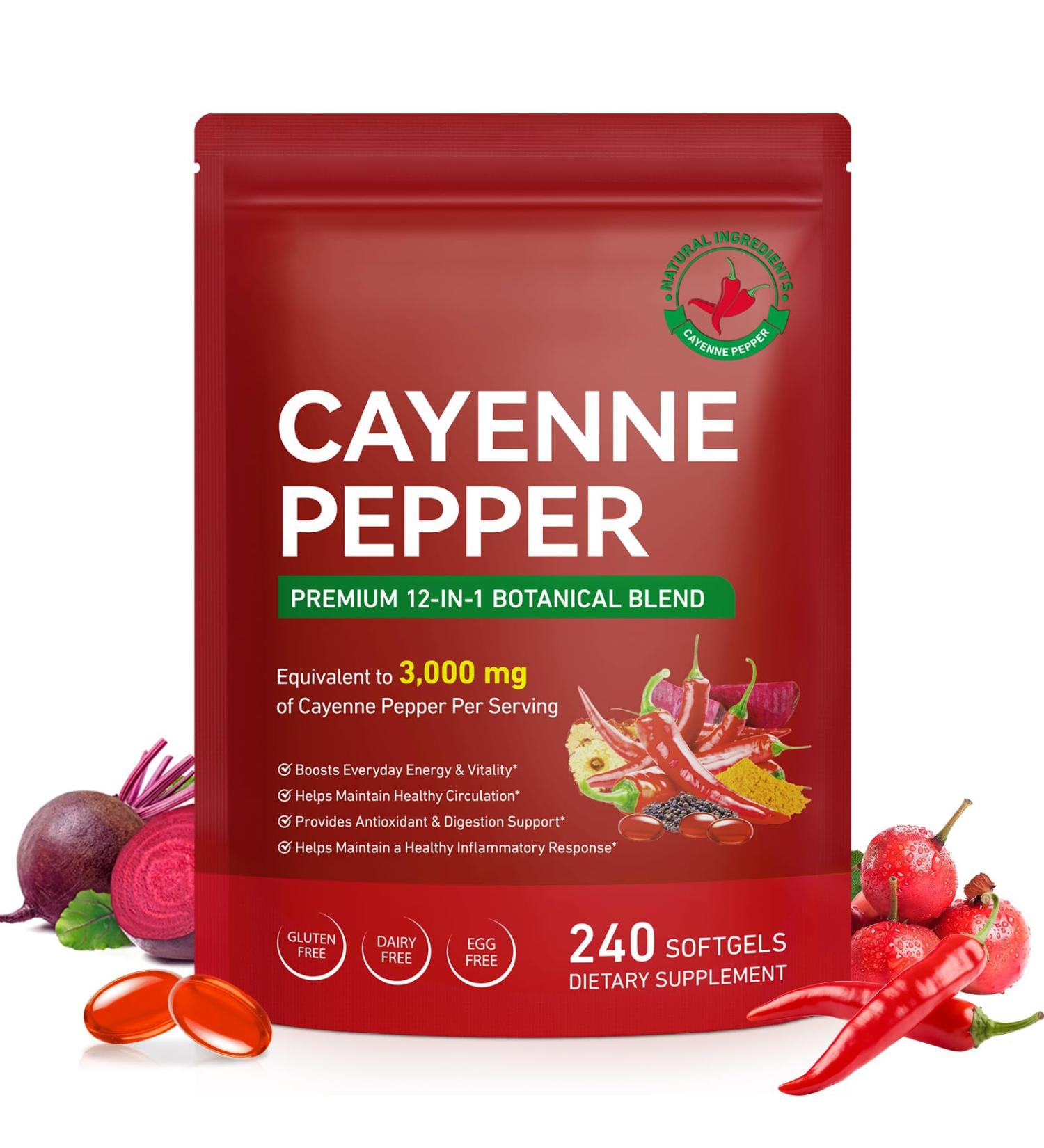 Cayenne Pepper Capsules 3000mg 12-in-1 Botanical Blend with Turmeric Beetroot Hawthorn Grape Seed & Black Pepper Supports Circulation Energy Digestion & Antioxidant Wellness 240 Softgels - Buy Online on GoSupps.com