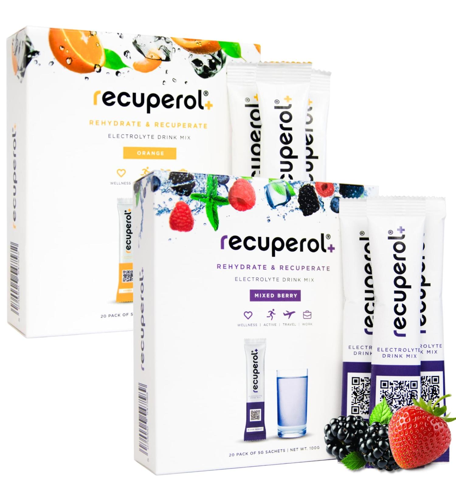 Recuperol Electrolyte Powder 80 Sachets - Hydrate & Recover with Zinc, Vitamin C, B12, D3, Potassium - Orange & Mixed Berry Variety Bundle - Buy Online on GoSupps.com