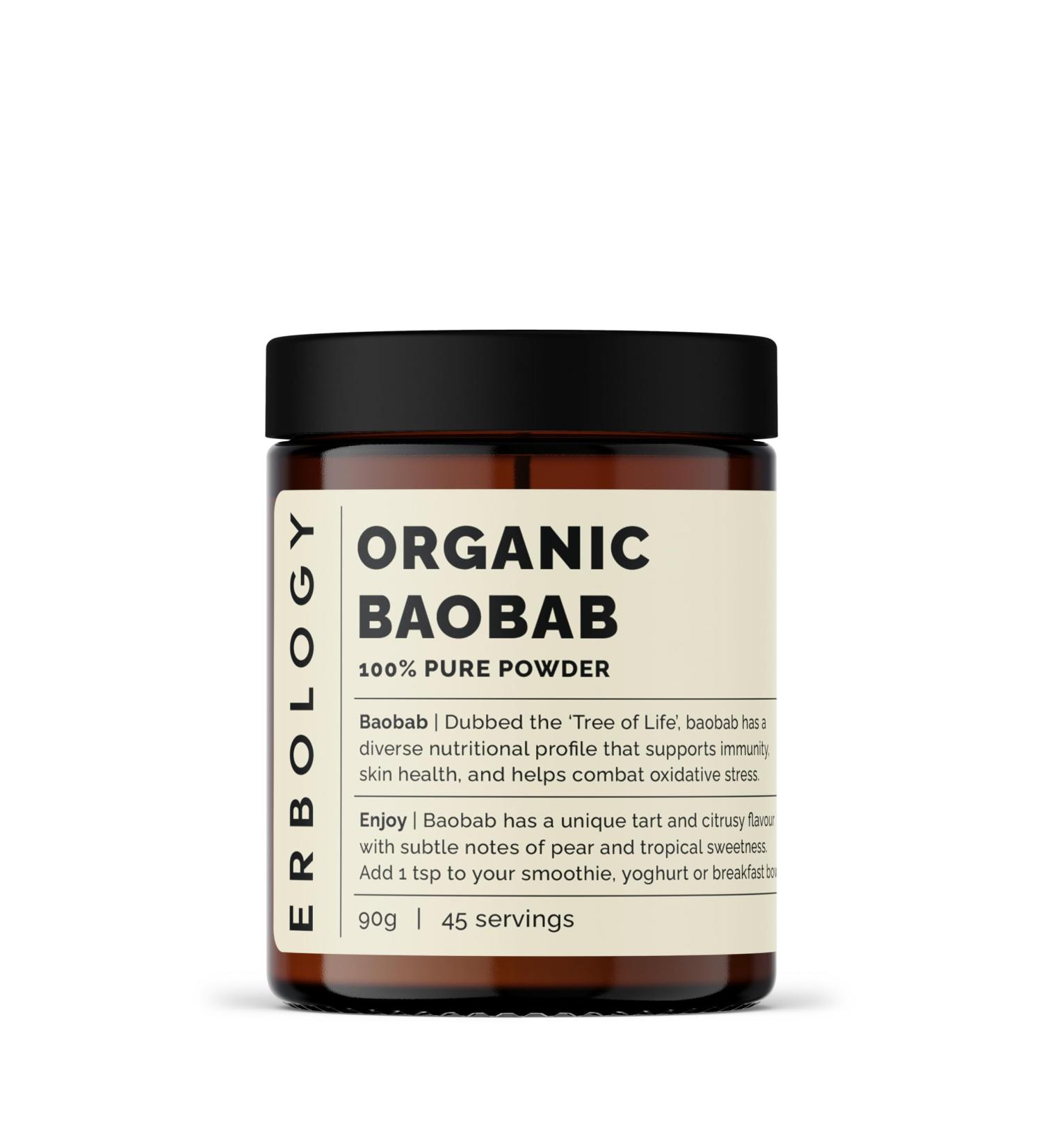Erbology Organic Baobab Powder 90g - 45 Servings - Skin Health and Immunity Support - Rich in Vitamin C B Vitamins and Polyphenols - Sustainably Sourced Straight from Farm - Vegan - GMO-Free - Buy Online on GoSupps.com