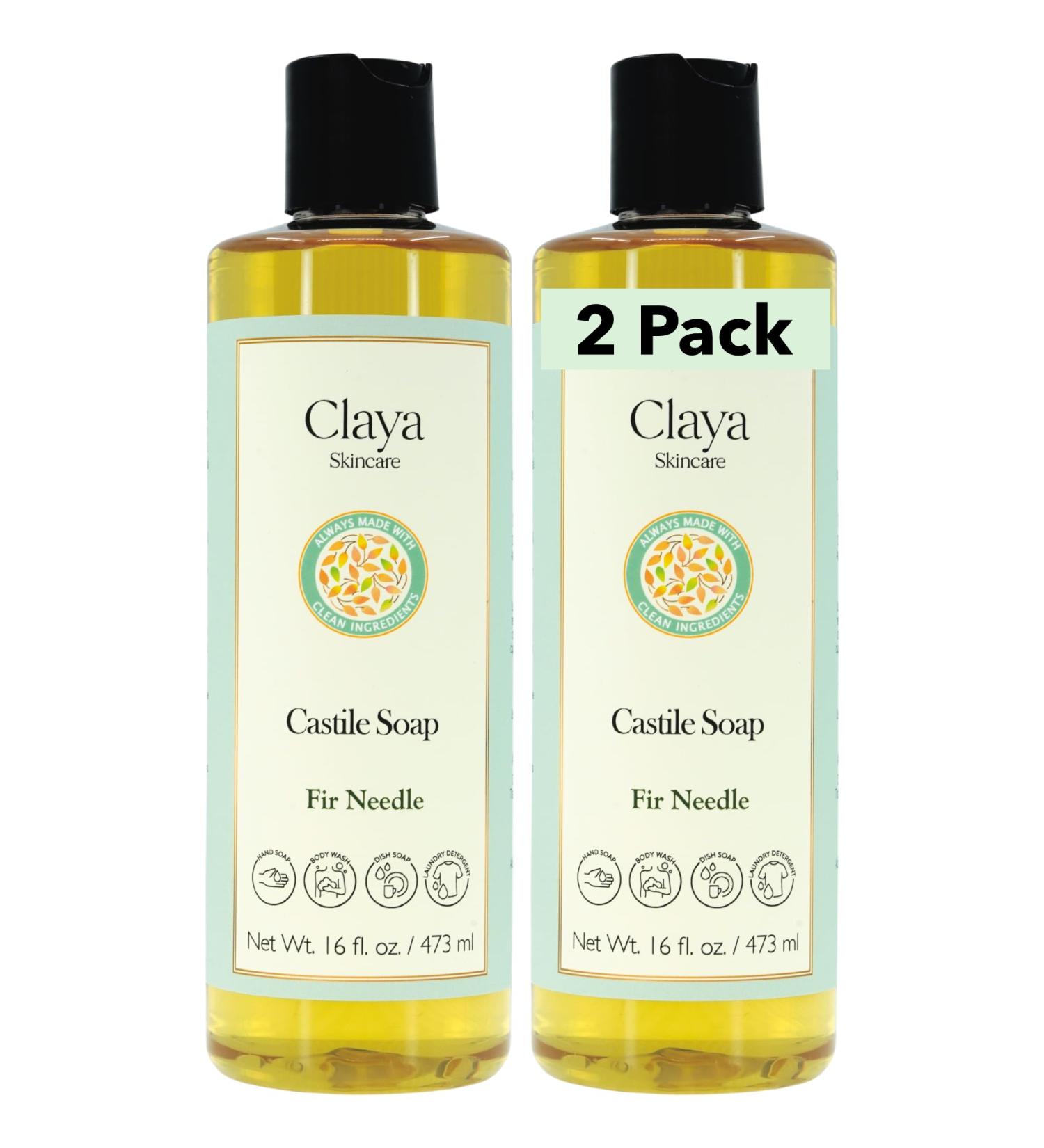 Claya Fir Needle Liquid Castile Soap Organic Ingredients Biodegradable Fresh Forest Scent Gentle for Skin and Multi-Purpose Use(2 Pack of 16 fl oz (Disc Cap))