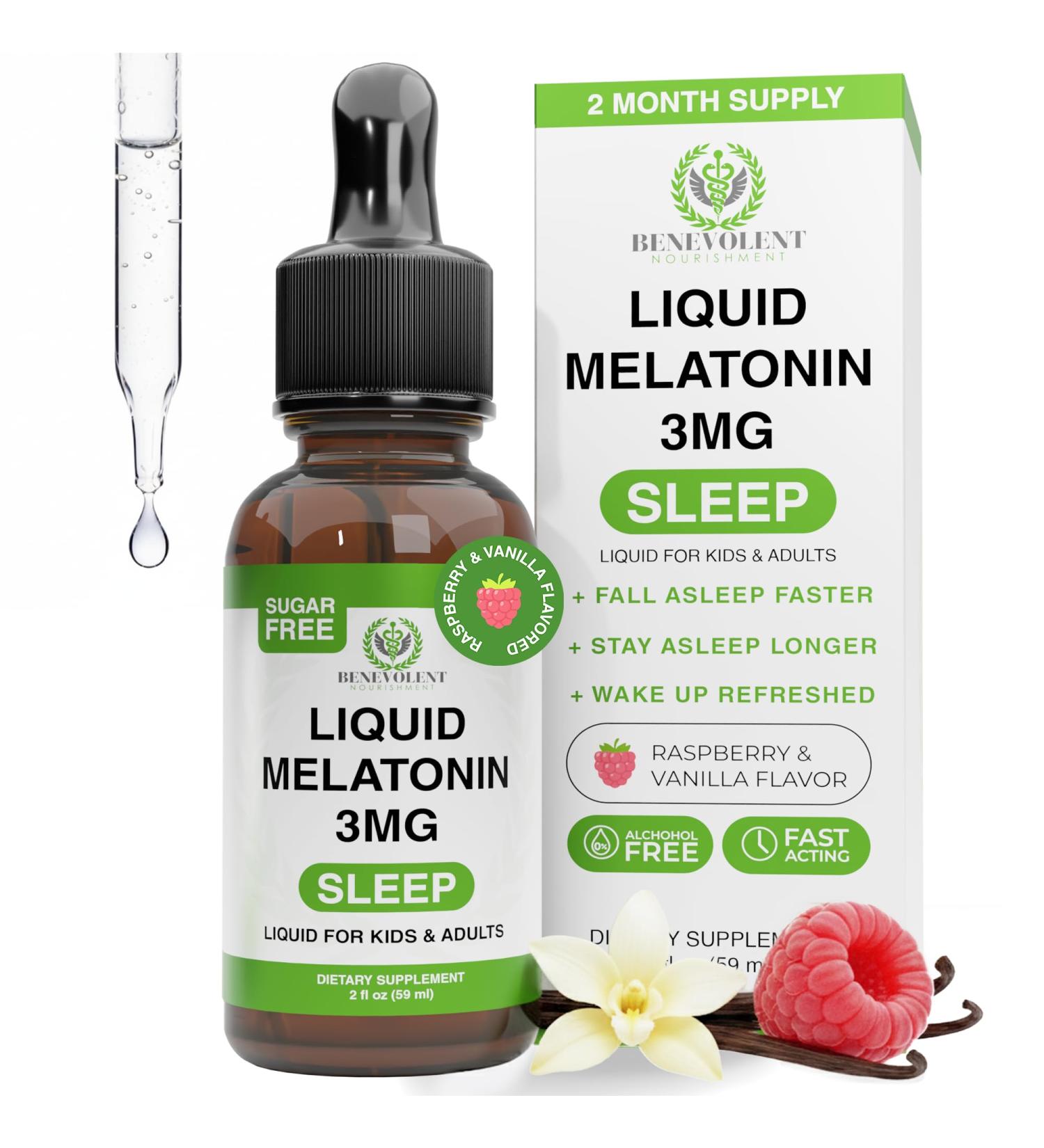 Benevolent Liquid Melatonin Drops for Adults and Kids 3mg - Melatonin Liquid as Fast-Acting Sleep Aid to Fall Asleep Faster & Longer - Non-GMO & Made in USA - Berry Vanilla Flavor 2 Month Supply 2 Fl Oz (Pack of 1) - Buy Online on GoSupps.com