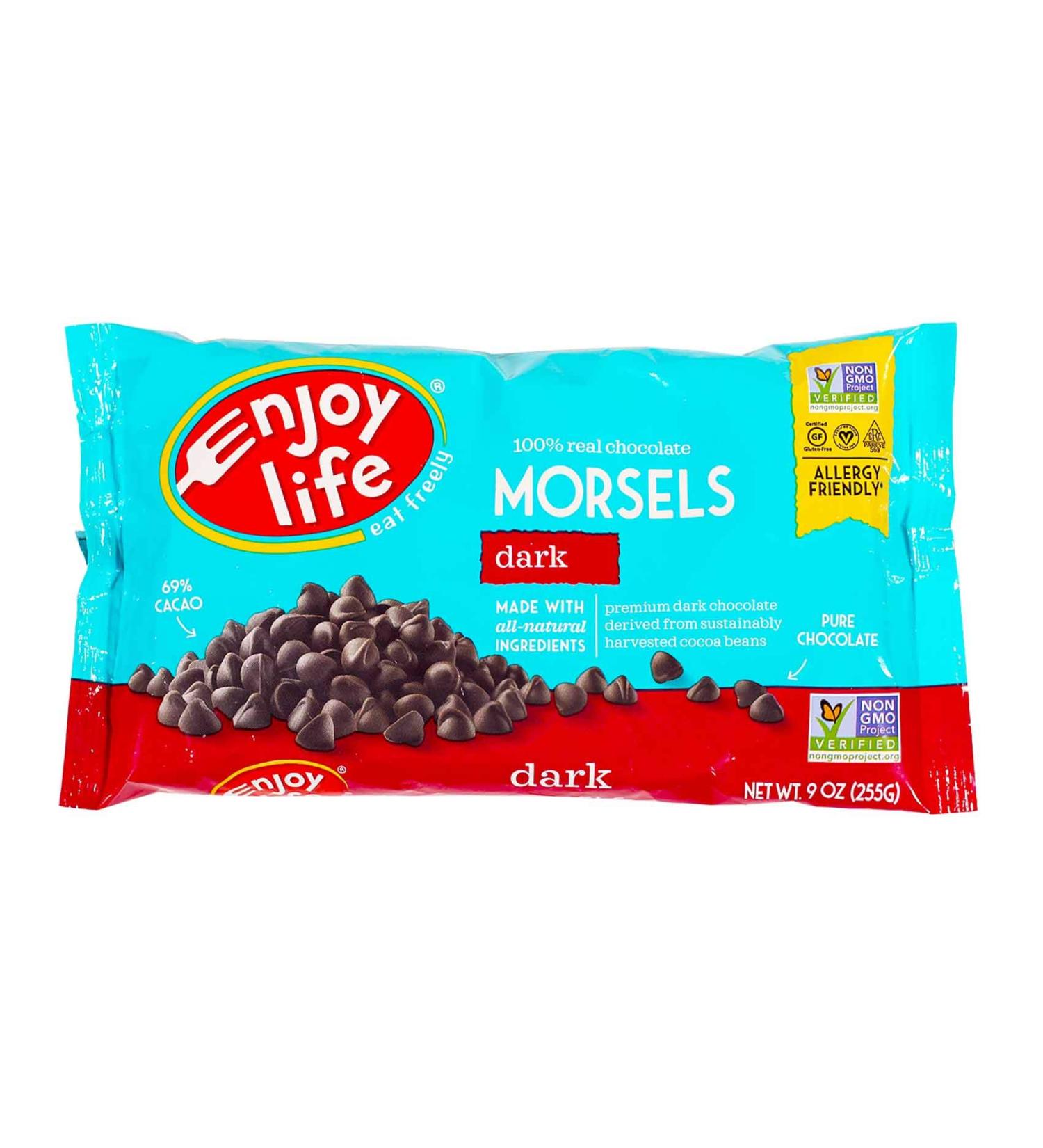 Enjoy Life Dark Chocolate Regular Size Morsels, Net Wt 9 OZ Per Package, Multi-Pack of 4 Packages. Dairy-Free, Nut-Free, and Soy-Free Chocolate Chips. 69% Cacao. Certified Gluten Free. Made In A Dedicated Nut And Gluten-Free Facility.