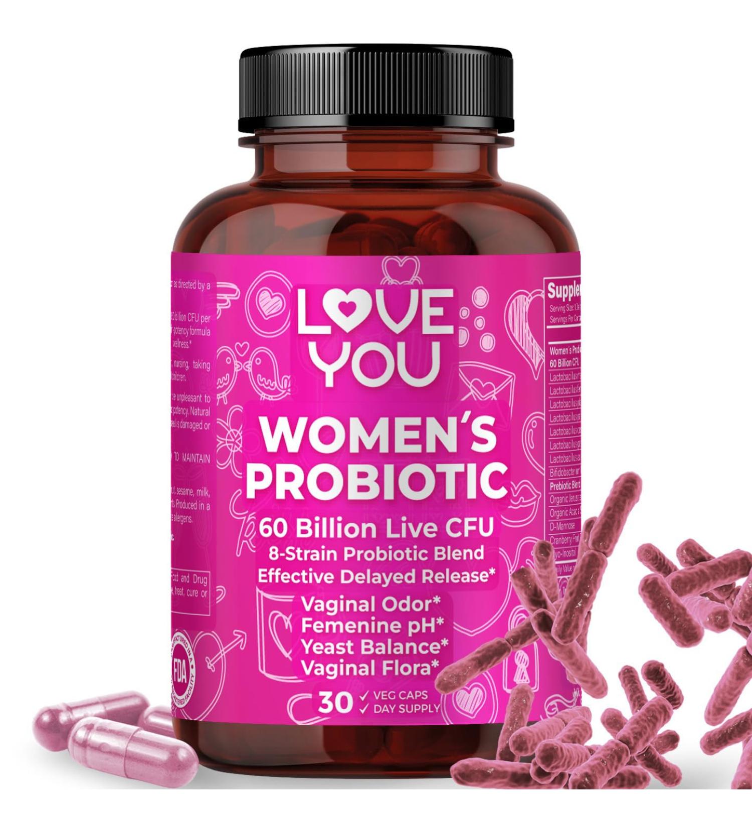 Love You Womens Probiotic, Ph Balance, Ut, Feminine, Vaginal Health Supplement, Digestive, Pre + Pro + Postbiotic, Delayed Release, 60 Billion Live CFU, 8-Strain Probiotic Blend, 30 Veg Caps Servings - Buy Online on GoSupps.com
