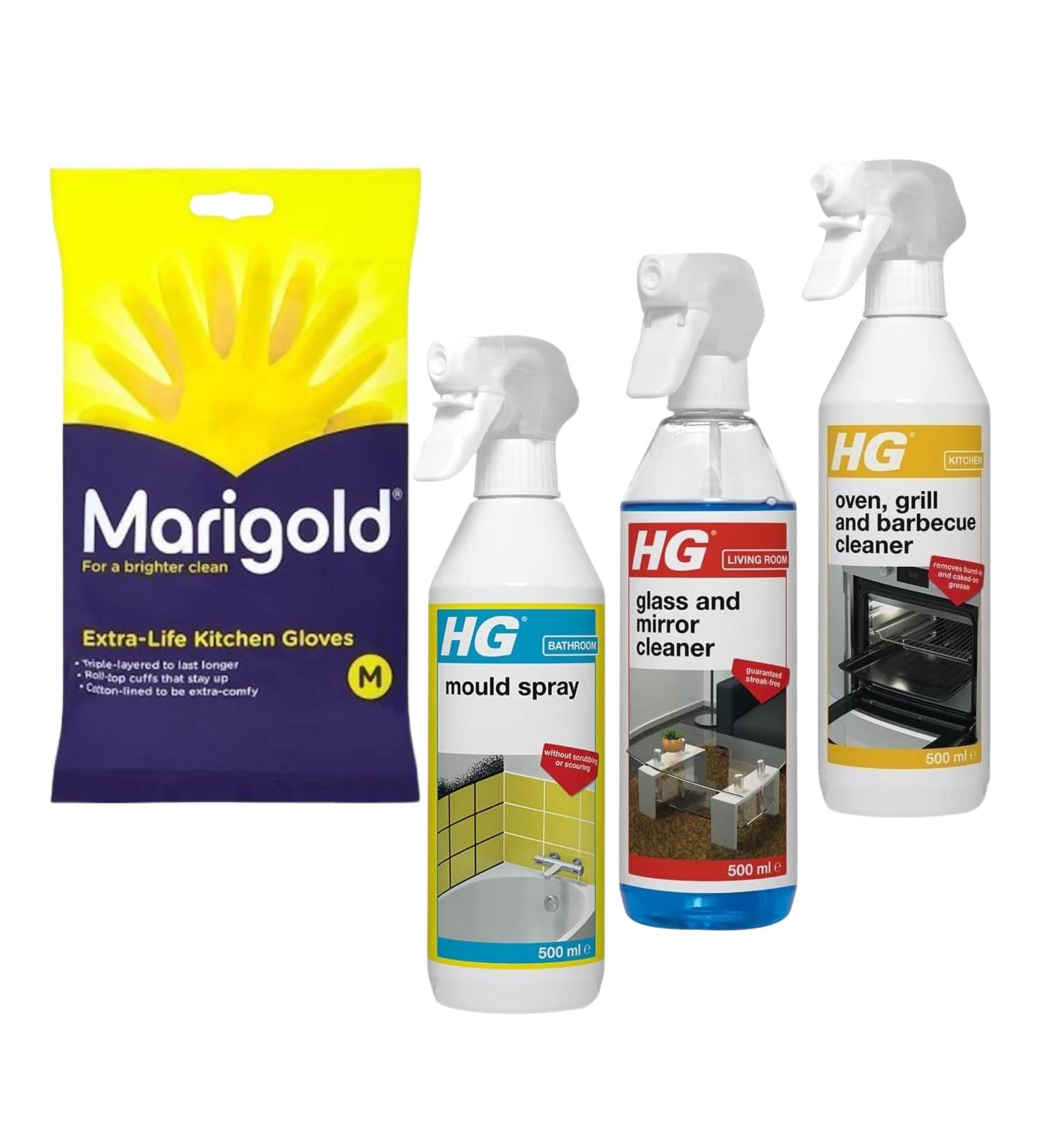 Marigold & HG Cleaner 500ml Bundle Oven Grill&BBQ Cleaner Spray Glass & Mirror Cleaner and Mould Spray with Gloves (M) Powerful Cleaning Solution for a Sparkling Home - Buy Online on GoSupps.com