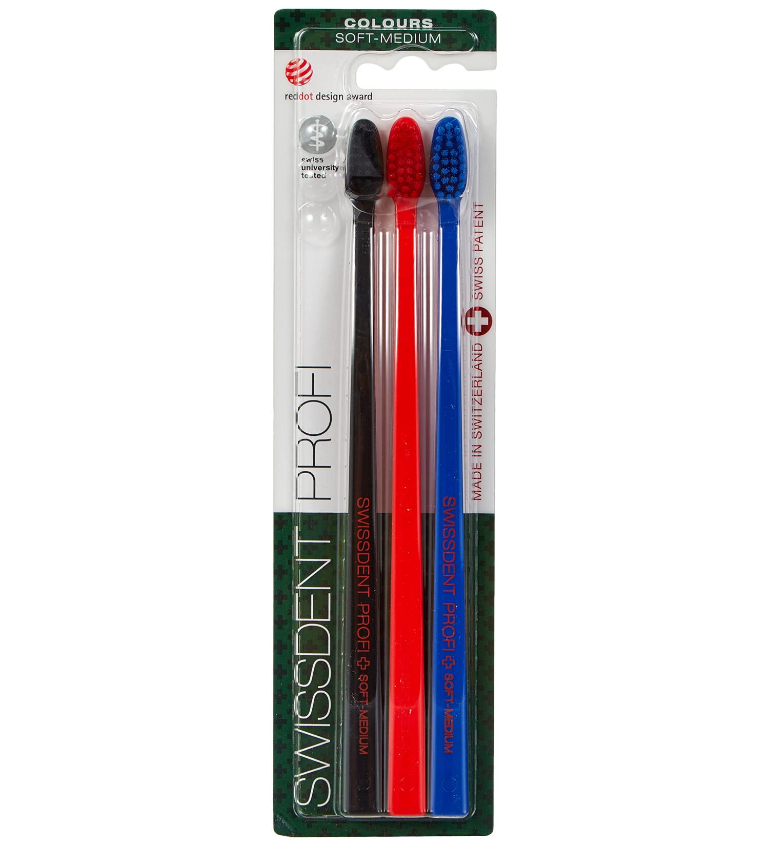 SWISSDENT PROFI COLOURS Toothbrush - Medium Soft Bristles Patented Spoon Shape Pack of 3 - Ideal for Cleaning Hard-to-Reach Areas - Buy Online on GoSupps.com