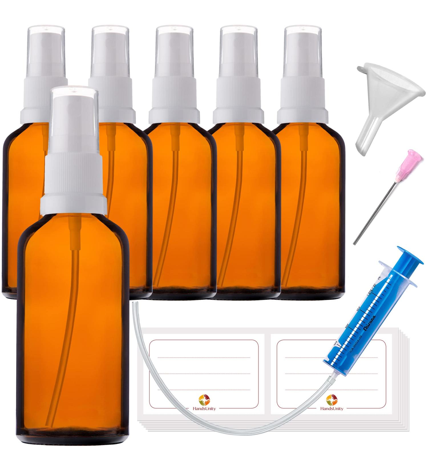 Handsunity 50ml Amber Glass Spray Bottle Set - 6 Pack with White Atomizer & 17 Accessories for Pharmacy Use - Buy Online on GoSupps.com