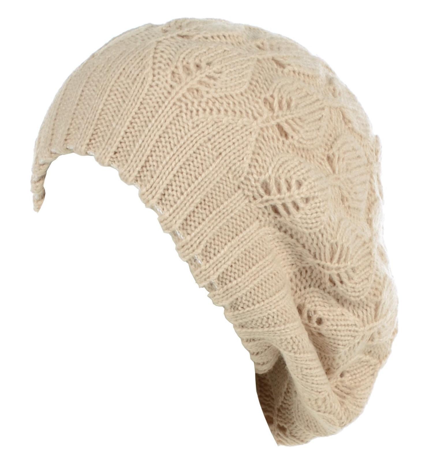 BYOS Women Mid-Weight Slouchy Leafy Cutout Crochet Soft Knit French Beret Hat Beige Leafy