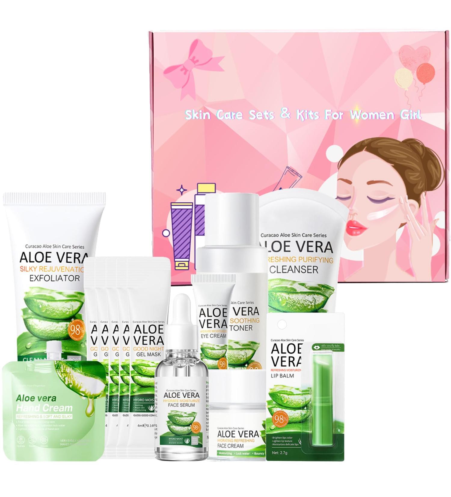 13PCS Aloe Vera Skin Care Set for Teenage Girls & Women - Cleanser, Toner, Serum, Cream, and More - Skincare Gift Set - Buy Online on GoSupps.com
