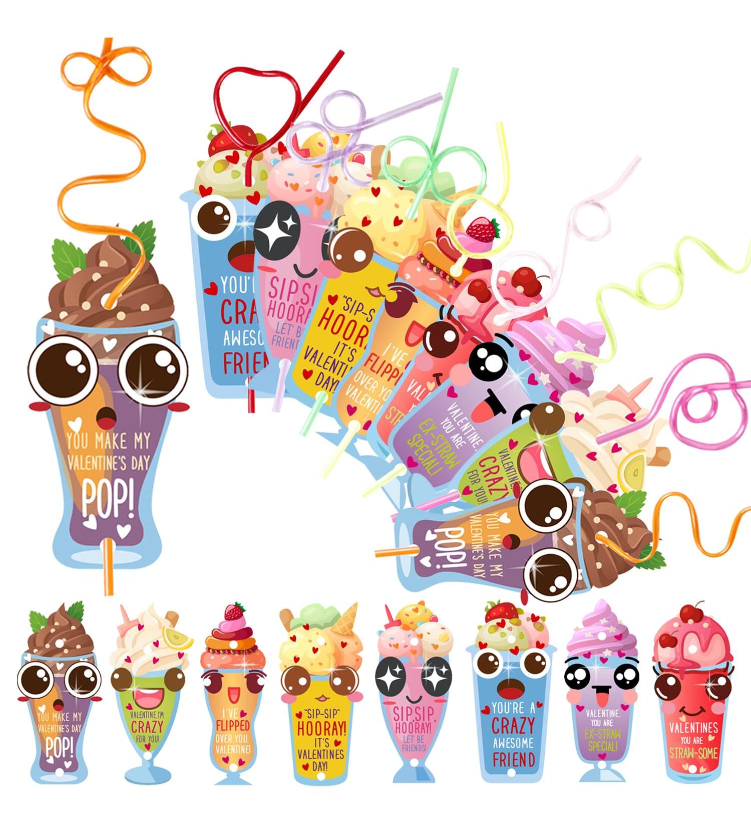 EIDIND 32pcs Valentines Day Straws with Cards for Kids Valentine Day Exchange Cards with Twisty Straws for School Girls Boys Toddlers Class Classroom Party Favors - Buy Online on GoSupps.com
