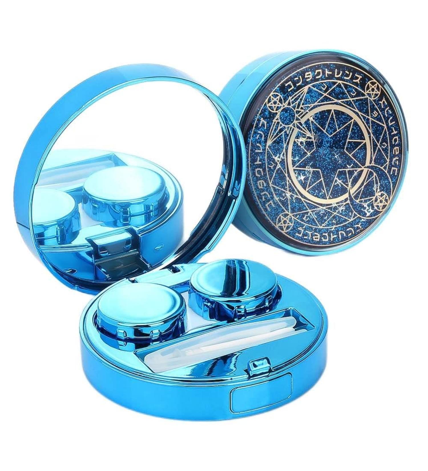 Ofone contact lens containers glittering stars colored contacts travel labels with remover tweezers and mirrors contact lens holder container storage set for women and girls (blue)