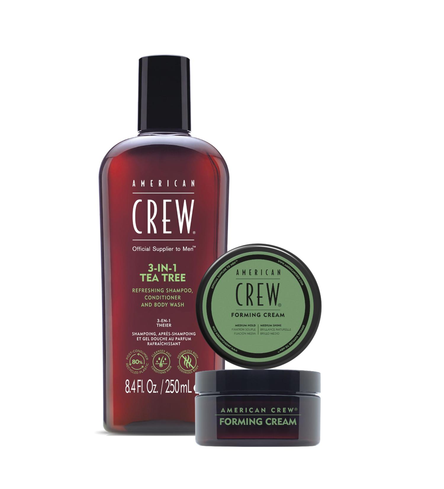 American Crew Care Duo Set: 3 in 1 Shampoo - Shampoo Conditioner & Shower Gel (250ml) - Tea Tree Scent + Forming Cream Hair Wax (50g) - Buy Online on GoSupps.com