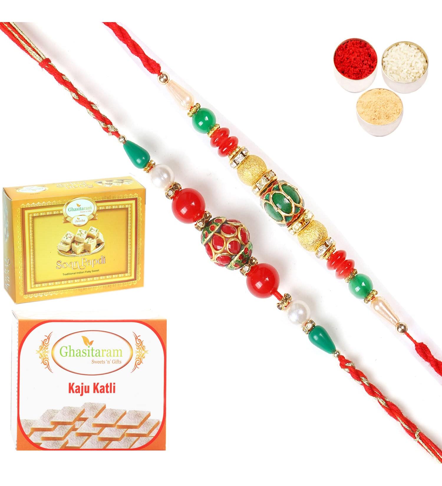 Ghasitaram Gifts Rakhi for Brother Rakhis Online - Set of 2 268 270 Fancy Rakhis with 200 GMS of Kaju katli and 200 GMS of Soan Papdi - Buy Online on GoSupps.com