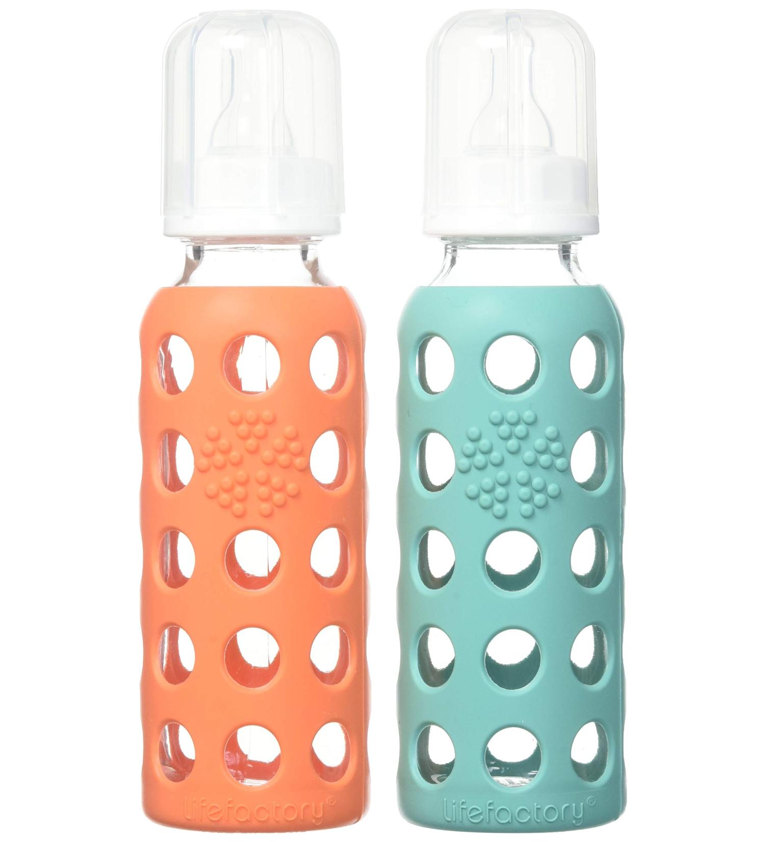 Lifefactory 9oz Glass Baby Bottle 2pk Bundle with 2 Stage 3 Nipples (Kale/Papaya)