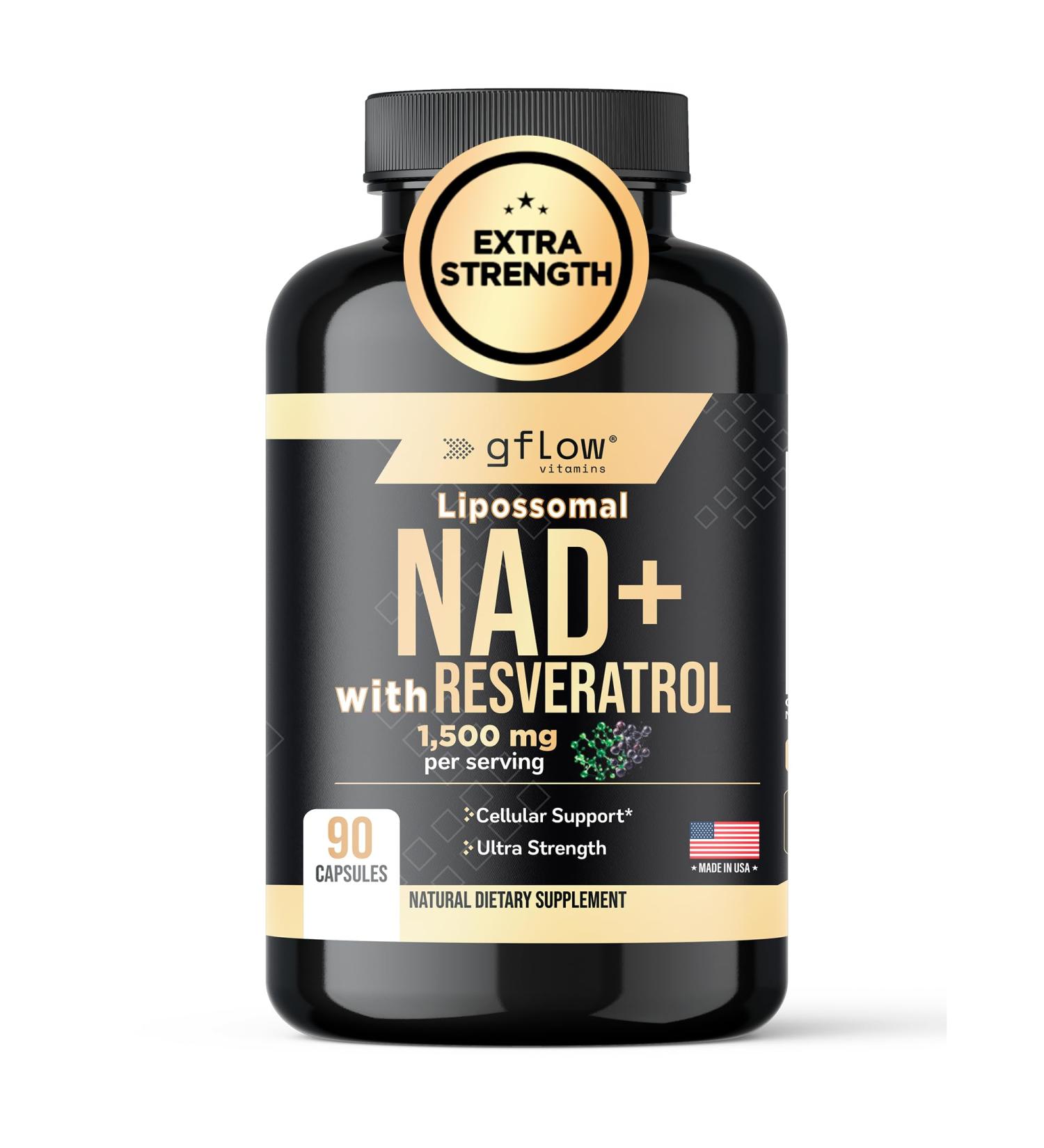 gflow vitamins NAD+ Supplement (Nicotinamide Adenine Dinucleotide) with Resveratrol as 98% Pure Trans-resveratrol | Antioxidant Anti-Aging Supplement Made in The USA - Buy Online on GoSupps.com