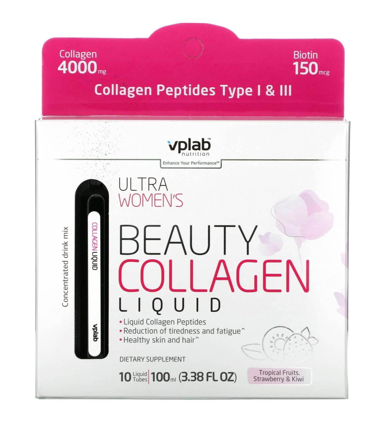 Vplab Ultra Women's Beauty Collagen Liquid - 4000mg Tropical Fruits - Strawberry & Kiwi (10 Tubes) - Buy Online on GoSupps.com