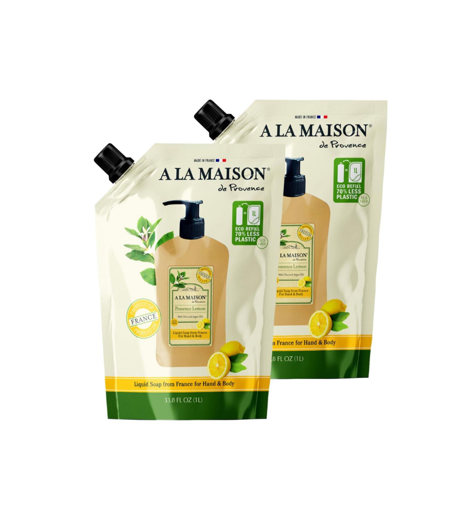 A LA MAISON French Liquid Hand Soap RefilL - Natural Hand Wash Made with Essential Oils - Biodegradable Plant-Based Vegan Cruelty-Free (33.8 Fl Oz Pouch 2 Pack Provence Lemon) - Buy Online on GoSupps.com