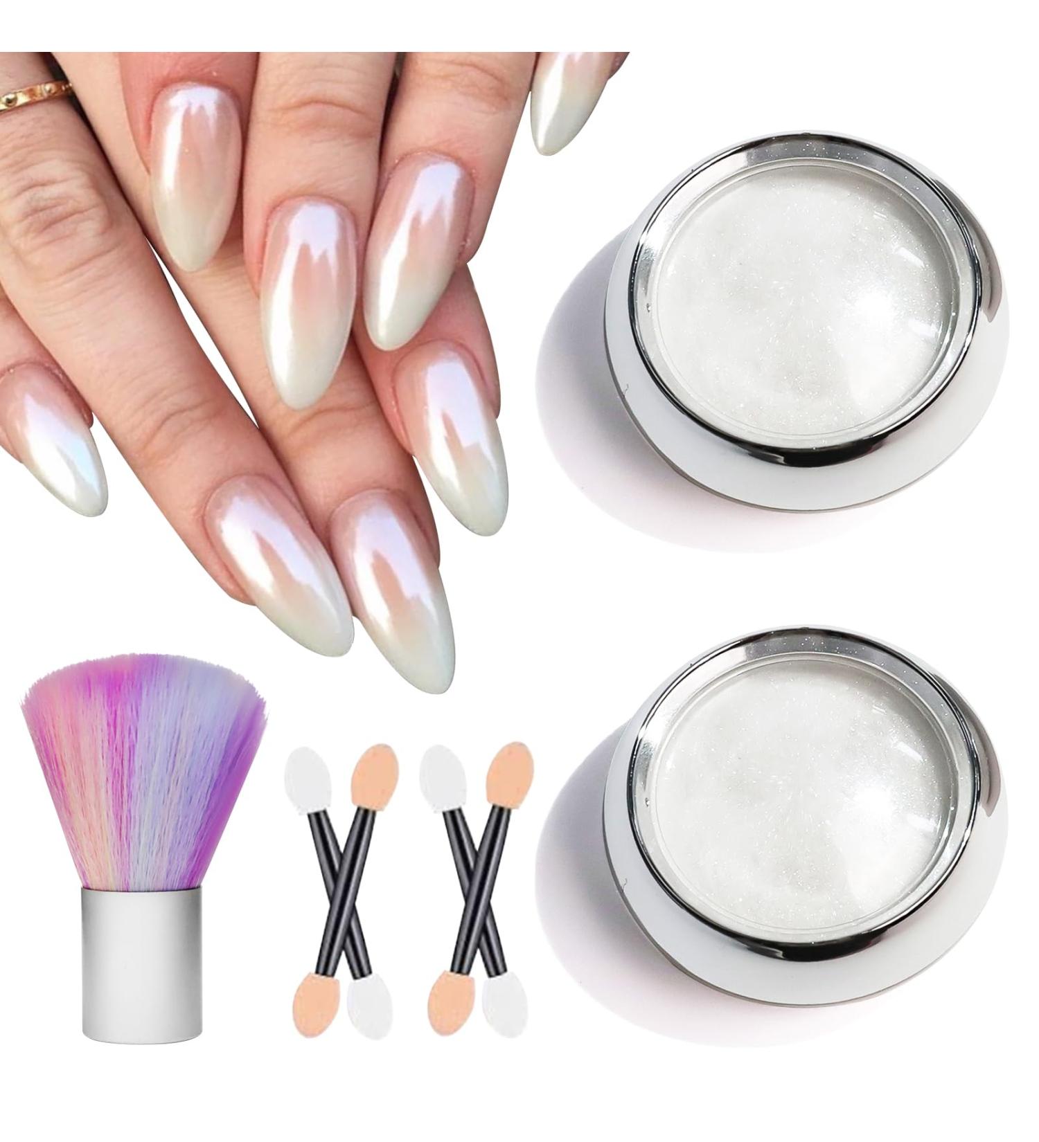 BISHENGYF White Pearl Chrome Nail Powder + Duster Brush Set for Mirror Effect Aurora Magic Nail Art - Holographic Pigment Included - Buy Online on GoSupps.com