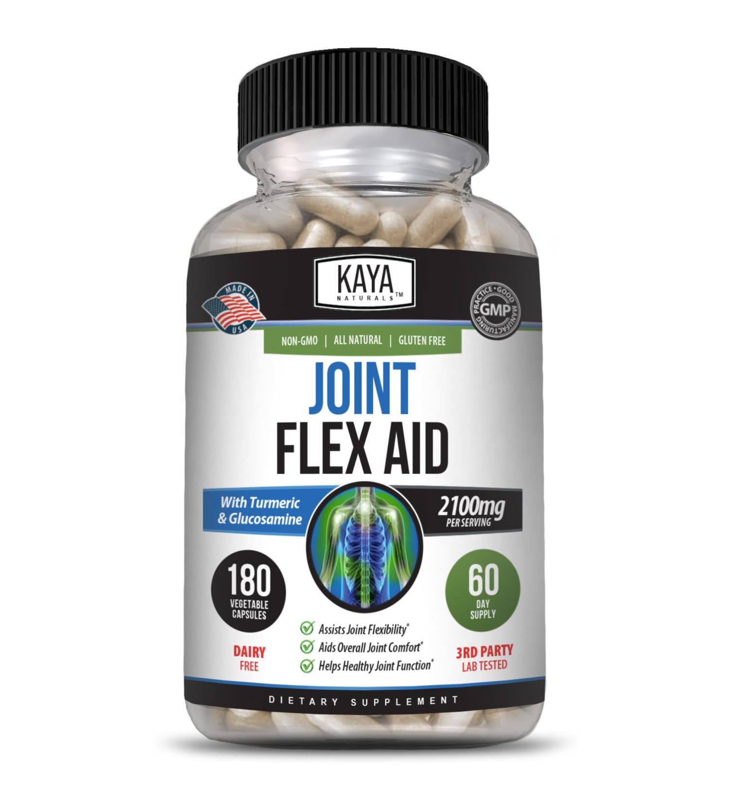 Kaya Naturals Flex Aid - Mobility Support Supplement for Men and Women - Turmeric Capsules with Glucosamine Sulfate Boswellia Serrata and MSM - for Knee Support and Mobility Health - 180 Count 180 Count (Pack of 1) - Buy Online on GoSupps.com