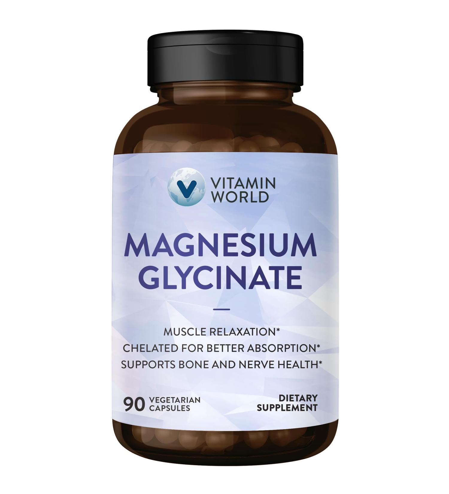 Vitamin World Magnesium Glycinate 420mg w/BioPerine High Absorption Chelated Magnesium Supplement for Relaxation Heart Muscle Bone Nerve Health Gluten-Free 90 Vegetarian Capsules 30 Servings - Buy Online on GoSupps.com