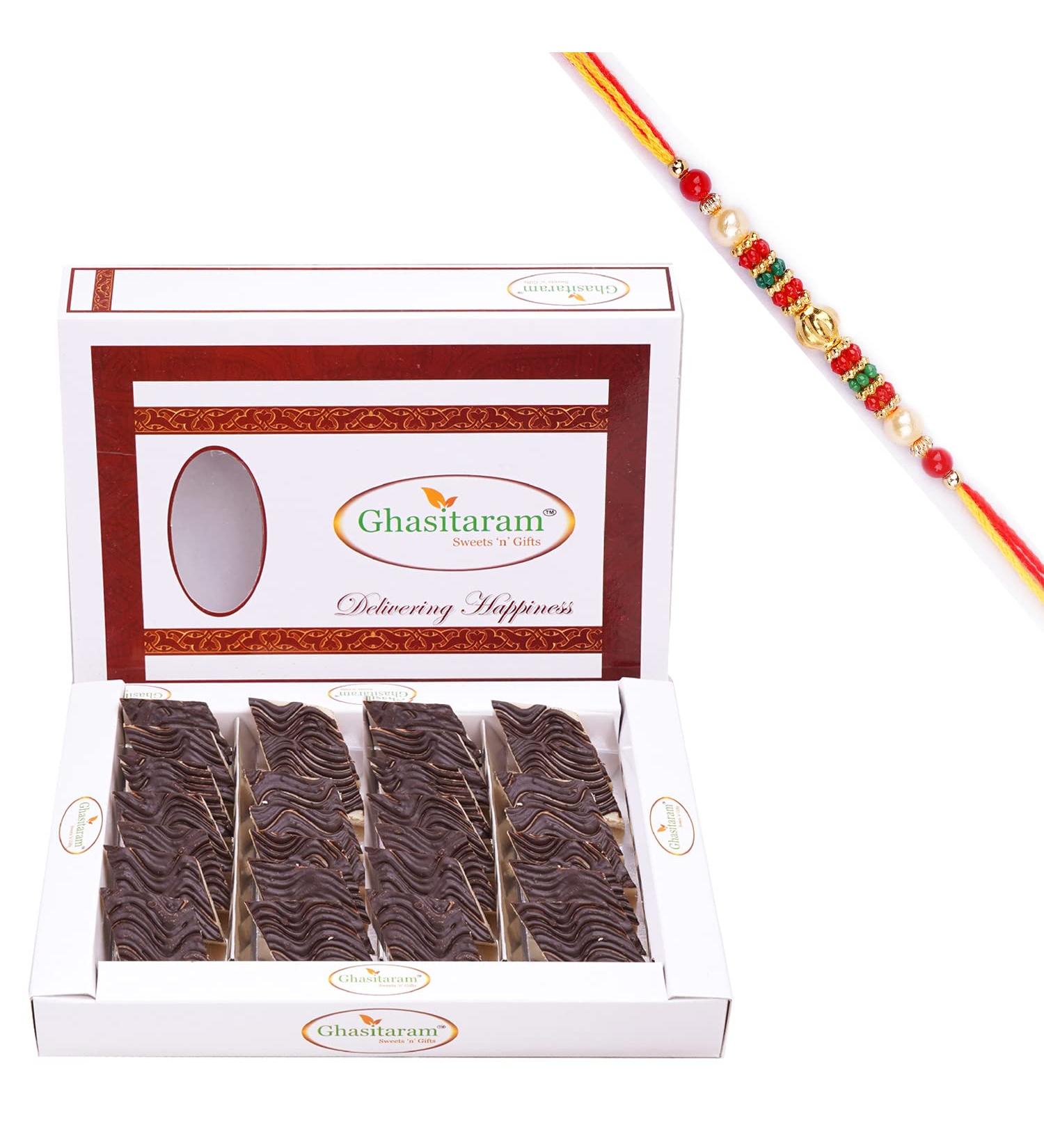 Ghasitaram Gifts Rakhi Gifts for Brothers Rakhi Sweets - Chocolate Coated Kaju Katlis 400 GMS with Beads Rakhi - Buy Online on GoSupps.com