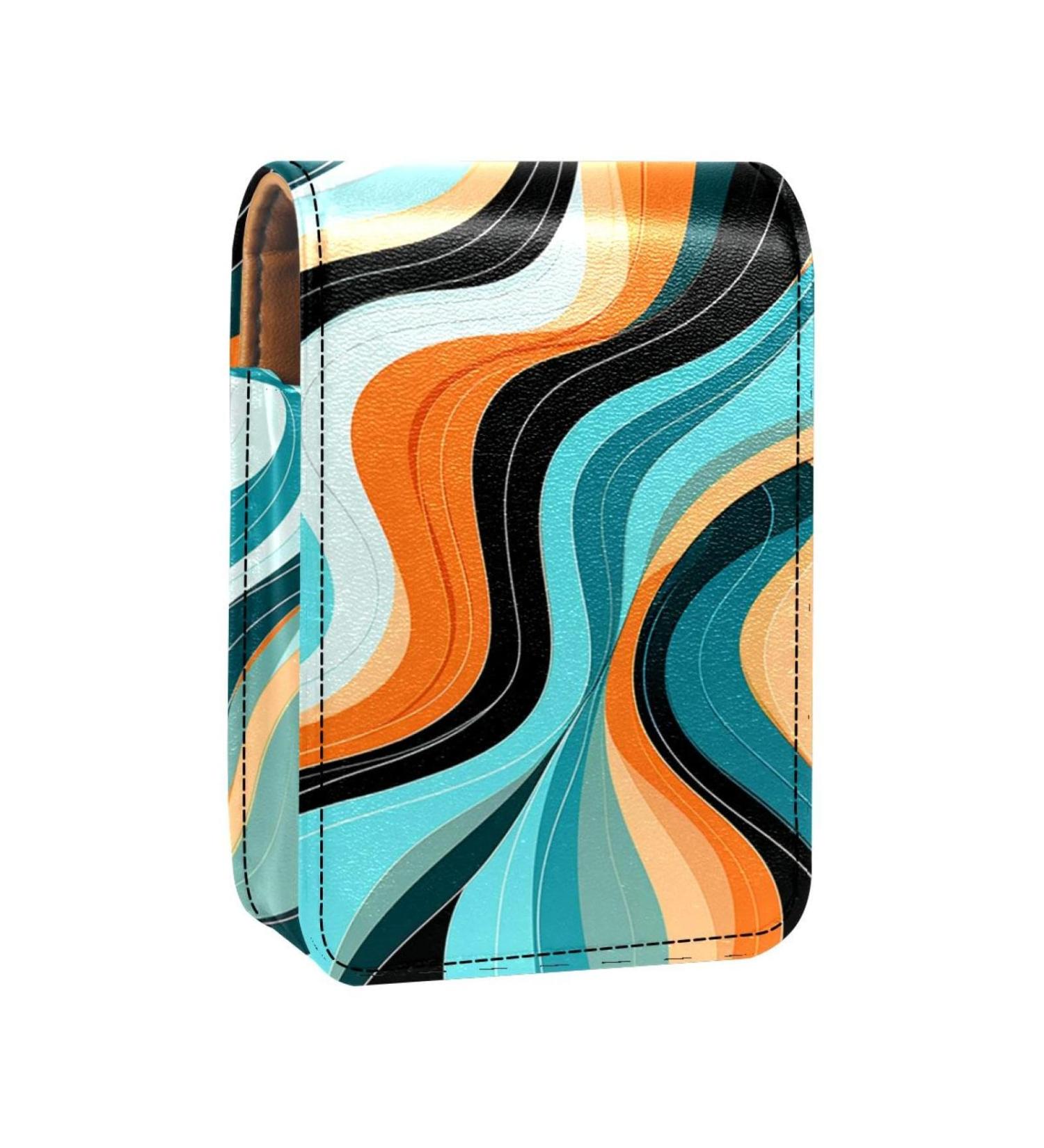 Travel Lipstick Organizer Case | Portable Makeup Bag with Mirror - Blue Black Abstract Waves - Buy Online on GoSupps.com