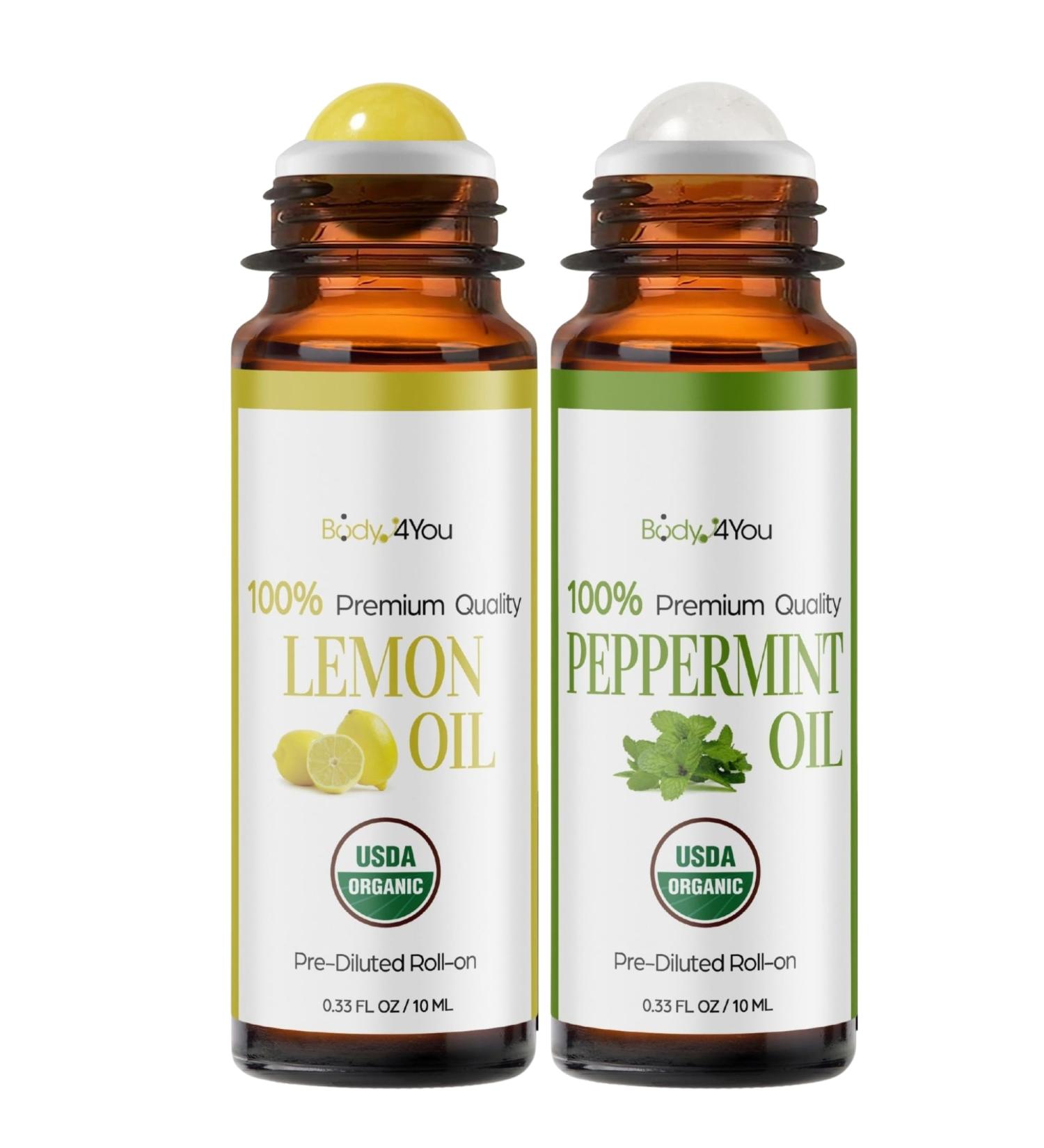 BodyJ4You Lemon + Peppermint Essential Oil Roll On Duo - Pure 100% USDA Organic MCT Coconut Oil - Yellow Jade and Clear Quartz Stone Rollers - Uplift Cooling Aroma Wrist Neck Temples - Amber Glass Bot - Buy Online on GoSupps.com