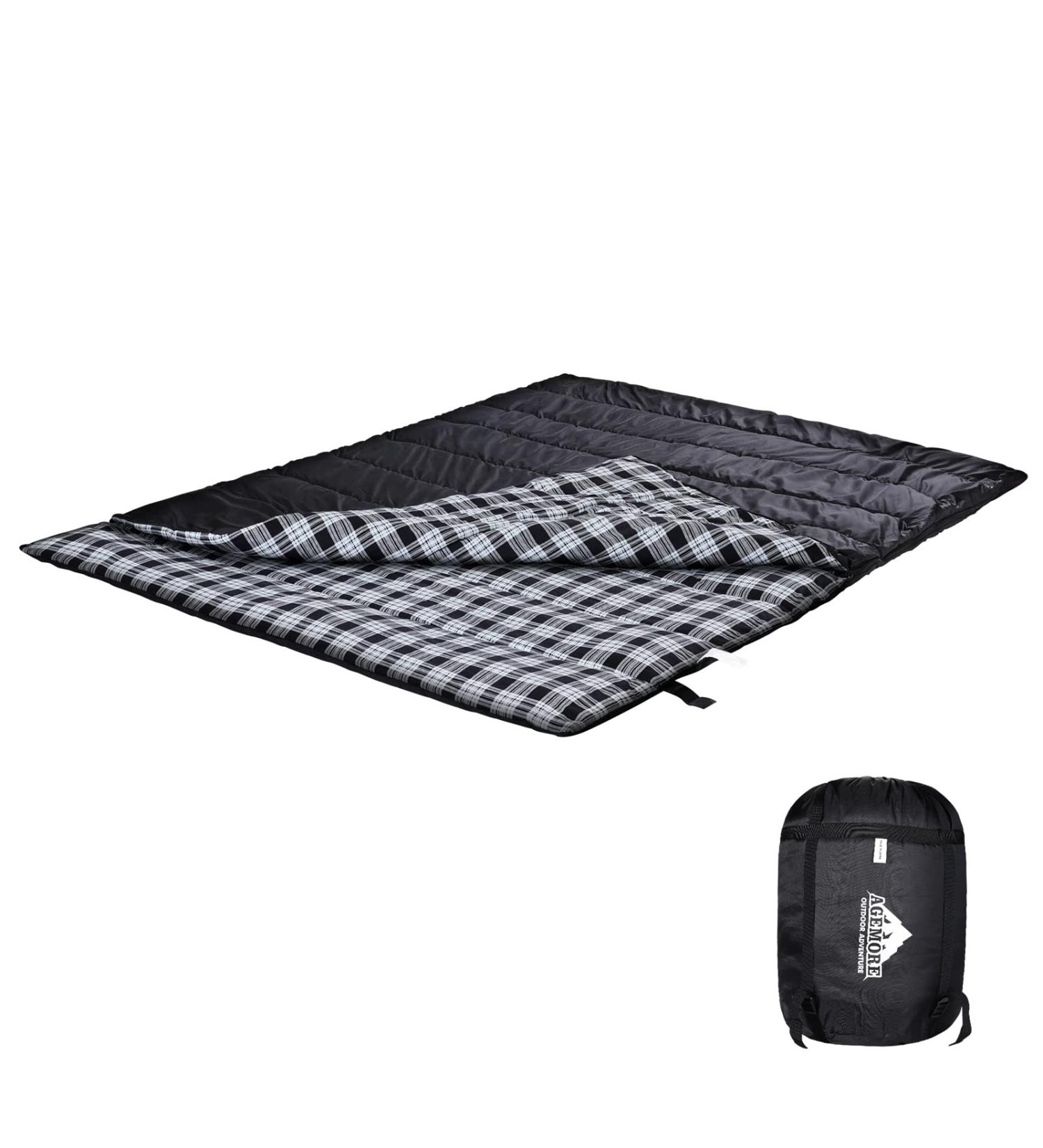 Cotton Flannel Double Sleeping Bag for Camping & Backpacking | Queen Size 2 Person Waterproof Sleeping Bag for Adults | Lightweight & Waterproof | Ideal for Truck, Tent, or Sleeping Pad | Black/White - Buy Online on GoSupps.com