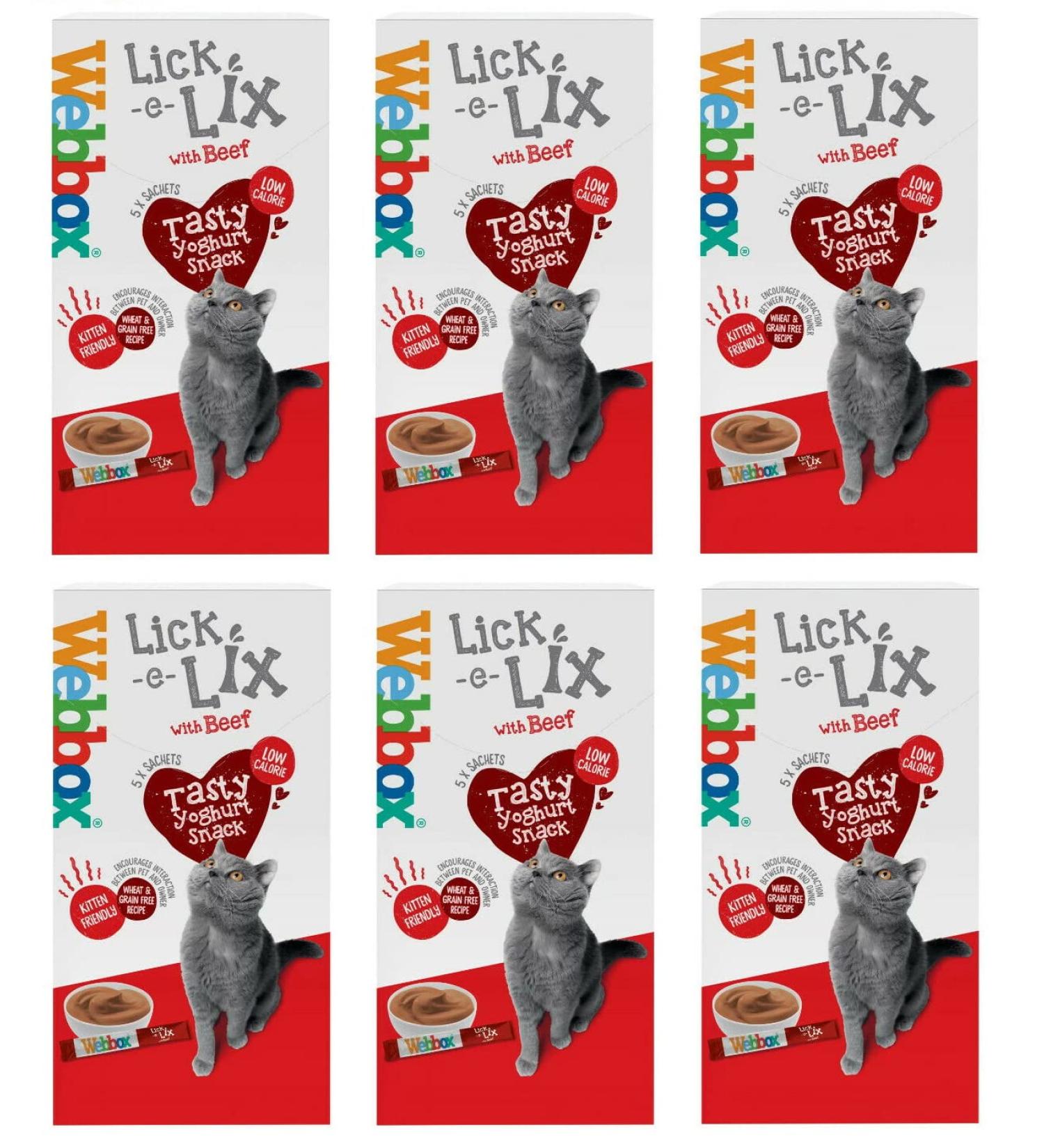 6 PACK WEBBOX LICK E LIX BEEF CAT TREATS TASTY YOGHURT SNACK 5 X 15G SACHETS