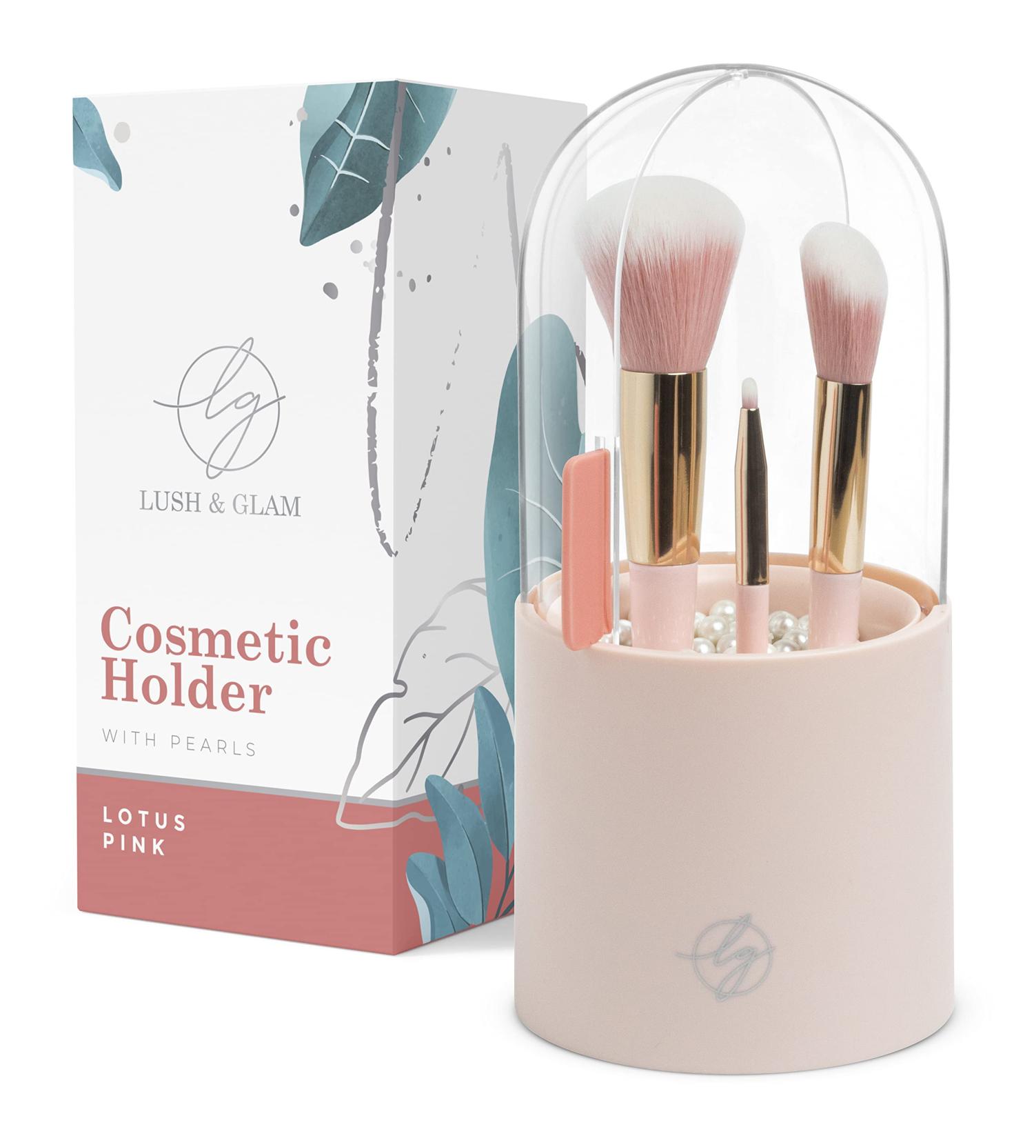 Lush and Glam Bell Jar Makeup Brush Holder | Dustproof Cosmetic Display Case with Lid and 500 Pearls | Lotus Pink Makeup Organizer for Vanity and Bathroom - Buy Online on GoSupps.com