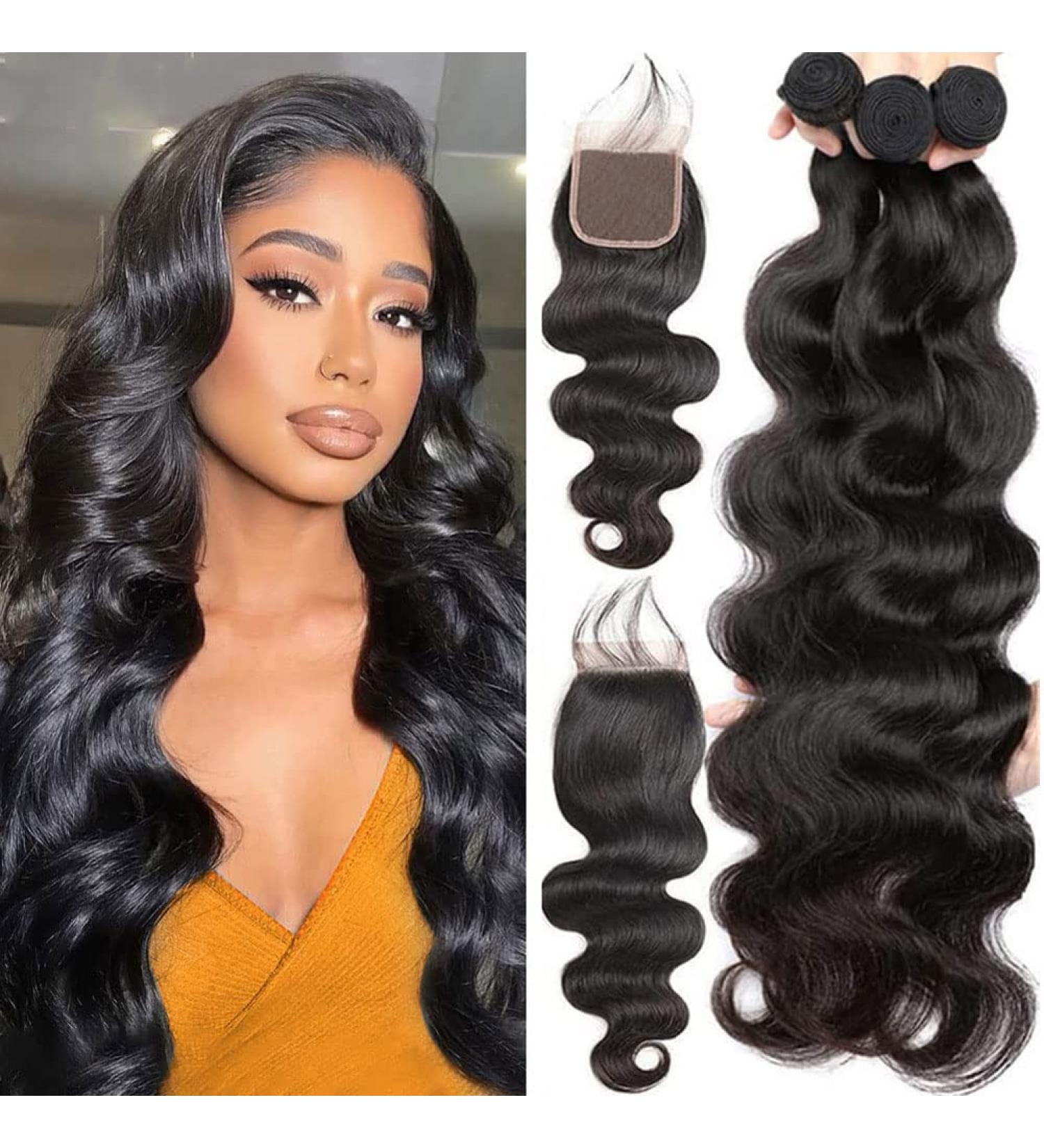 Vallbest 10A Brazilian Body Wave Bundles with Closure - 100% Unprocessed Remy Virgin Hair - 3 Bundles and Lace Closure - Natural Color - for Black Women - Buy Online on GoSupps.com