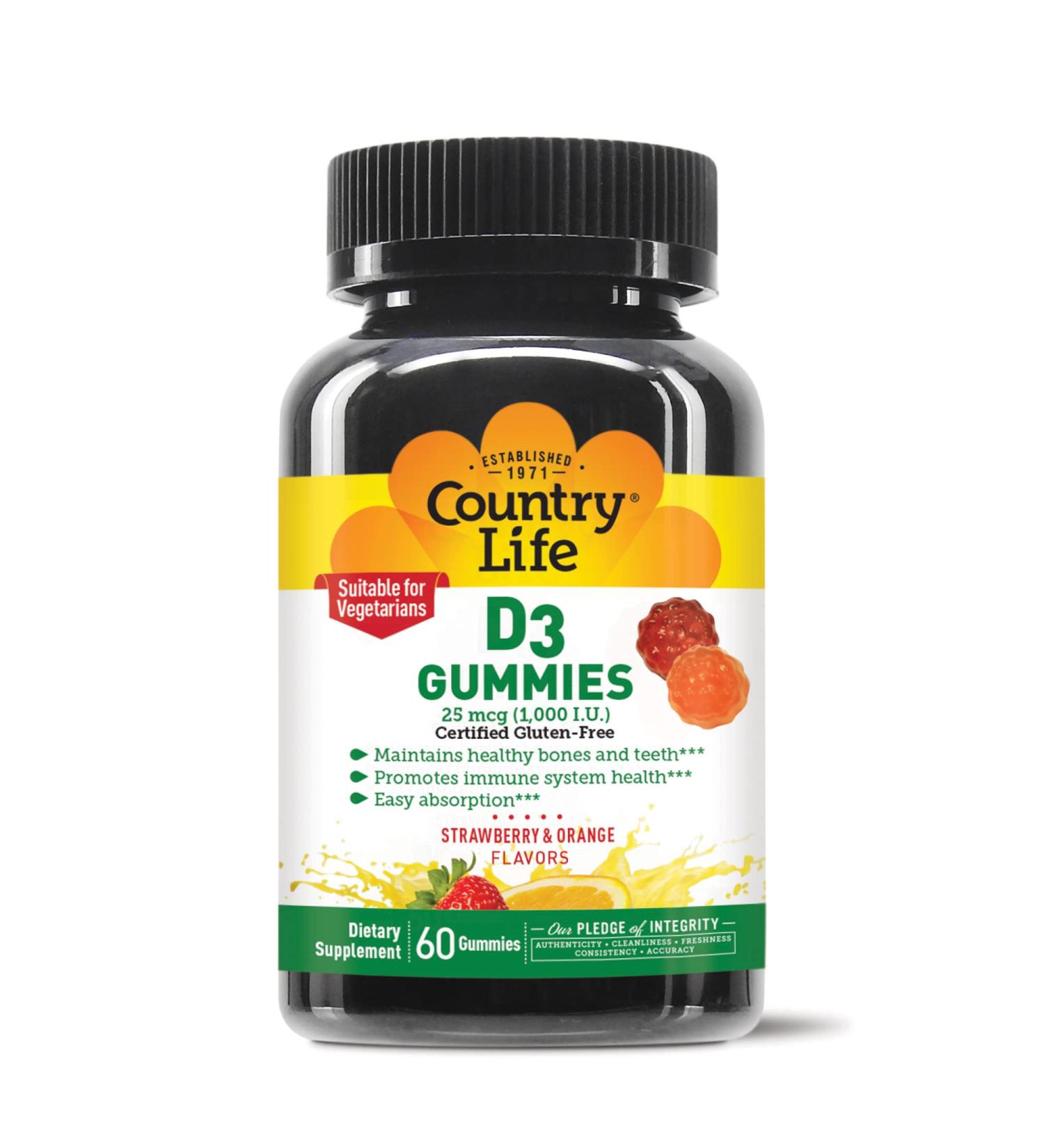 Country Life Vitamin D3 Gummies 1000 IU | Immune Health Support | Strawberry & Orange Flavor | 60 Count | Gluten Free & Vegetarian | Pack of 1 - Buy Online on GoSupps.com