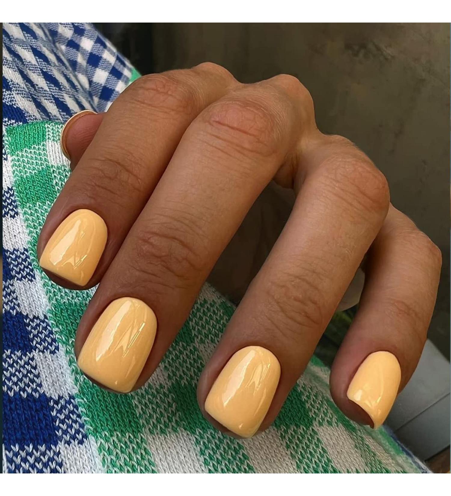 Justotry 24 pieces monochrome angular nails to stick on short glossy yellow press on nails long -term artificial nail fake nails square fingernails artificial nails for women yellow & solid1