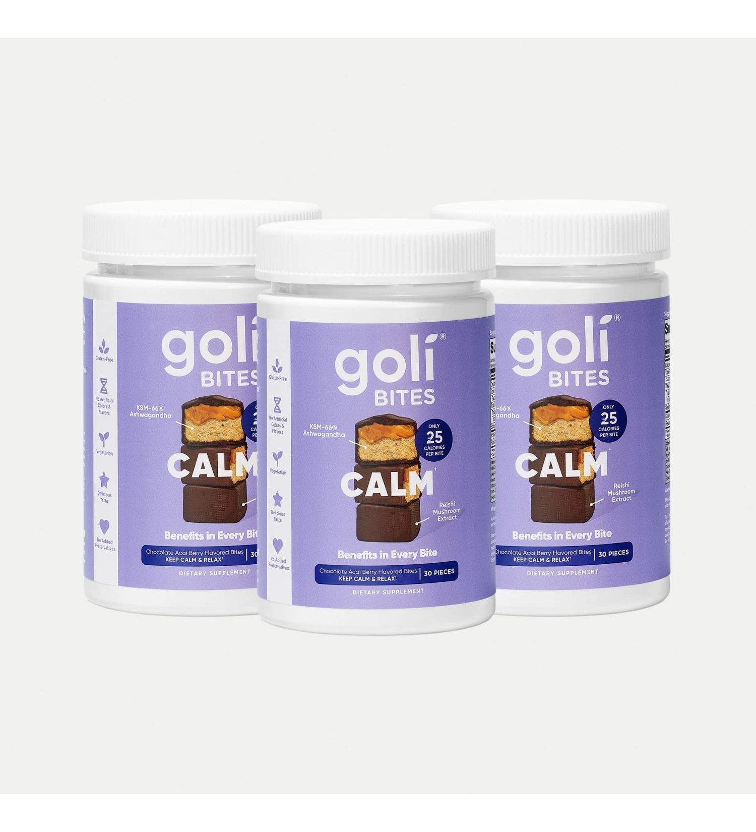 Goli Calm Ashwagandha Bites - 90 Count - Milk Chocolate Acai Berry Flavor with KSM-66 Ashwagandha - Stress Reduction - Vegetarian, Gluten-Free, No Preservatives - 30 Count (Pack of 3) - Buy Online on GoSupps.com