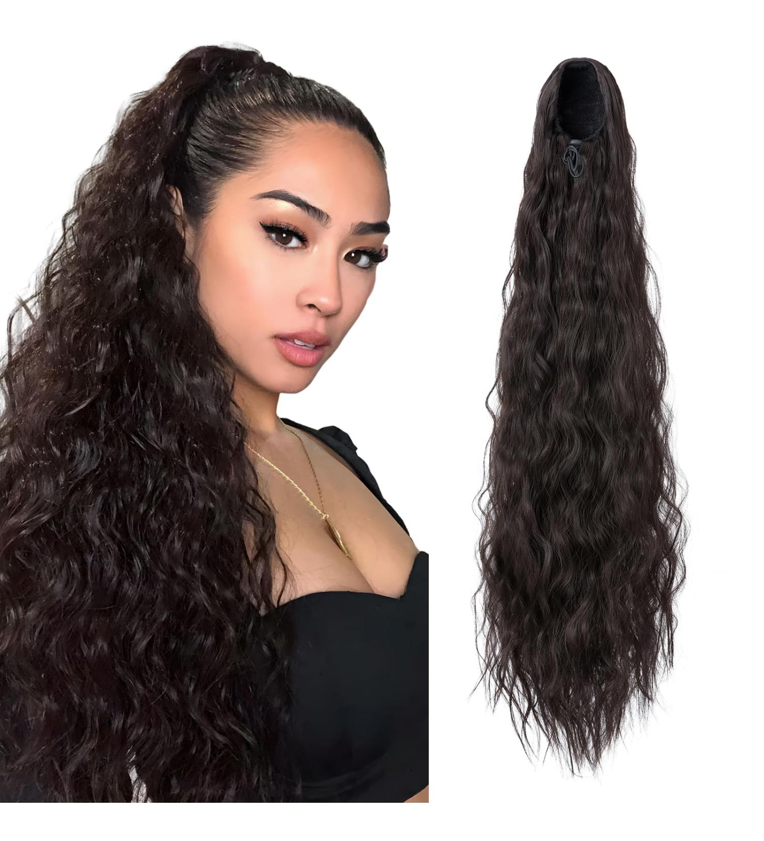 32 Inch Drawstring Ponytail Extension - Long Curly Wavy Synthetic Hairpiece for Women - Natural Brown - Buy Online on GoSupps.com