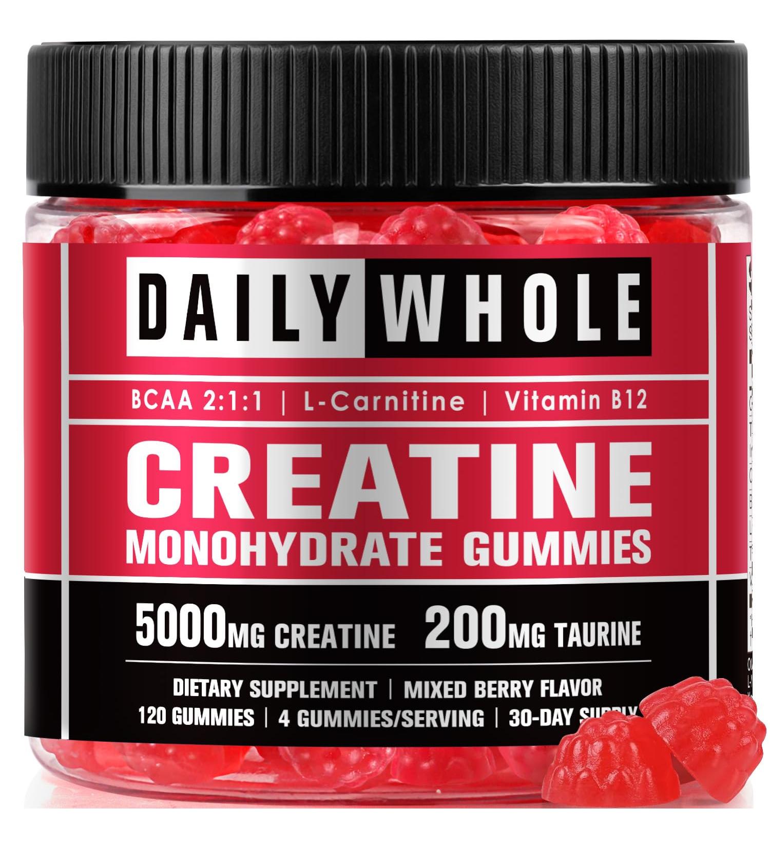 DailyWhole Organics Creatine Monohydrate Gummies Plant-Based Chewable Supplement with Taurine, L-Carnitine and Vitamin B12 120 Count (4 Gummies Per Day) Mixed Berry Flavor for Women and Men - Buy Online on GoSupps.com