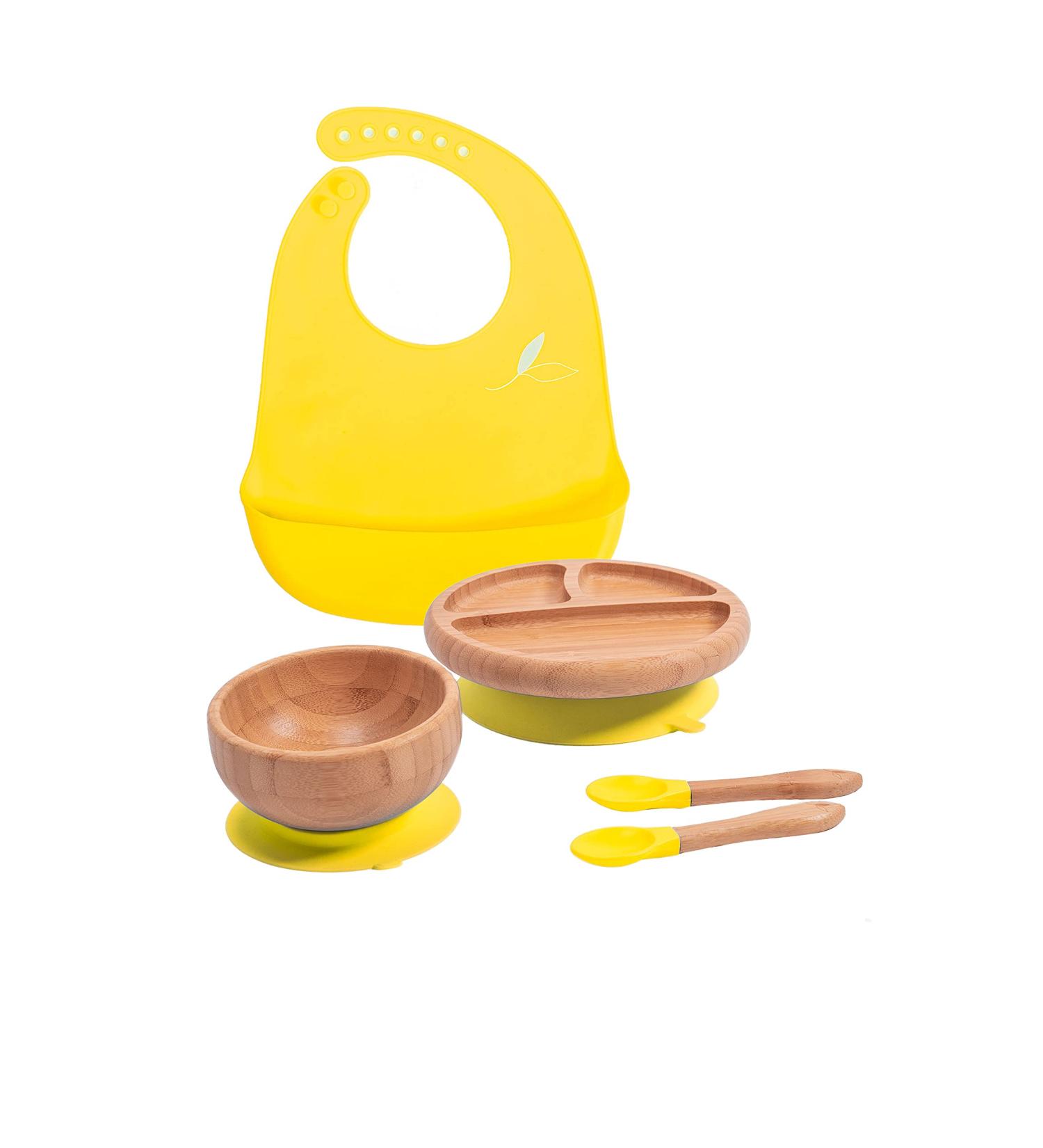 Love Earth Bamboo Baby Weaning Set - 5 Piece Eco-Friendly Set for Babies 3 Months to 6 Years - Includes Suction Plate, Bowl, Spoons, and Silicone Bib (Yellow) - Buy Online on GoSupps.com