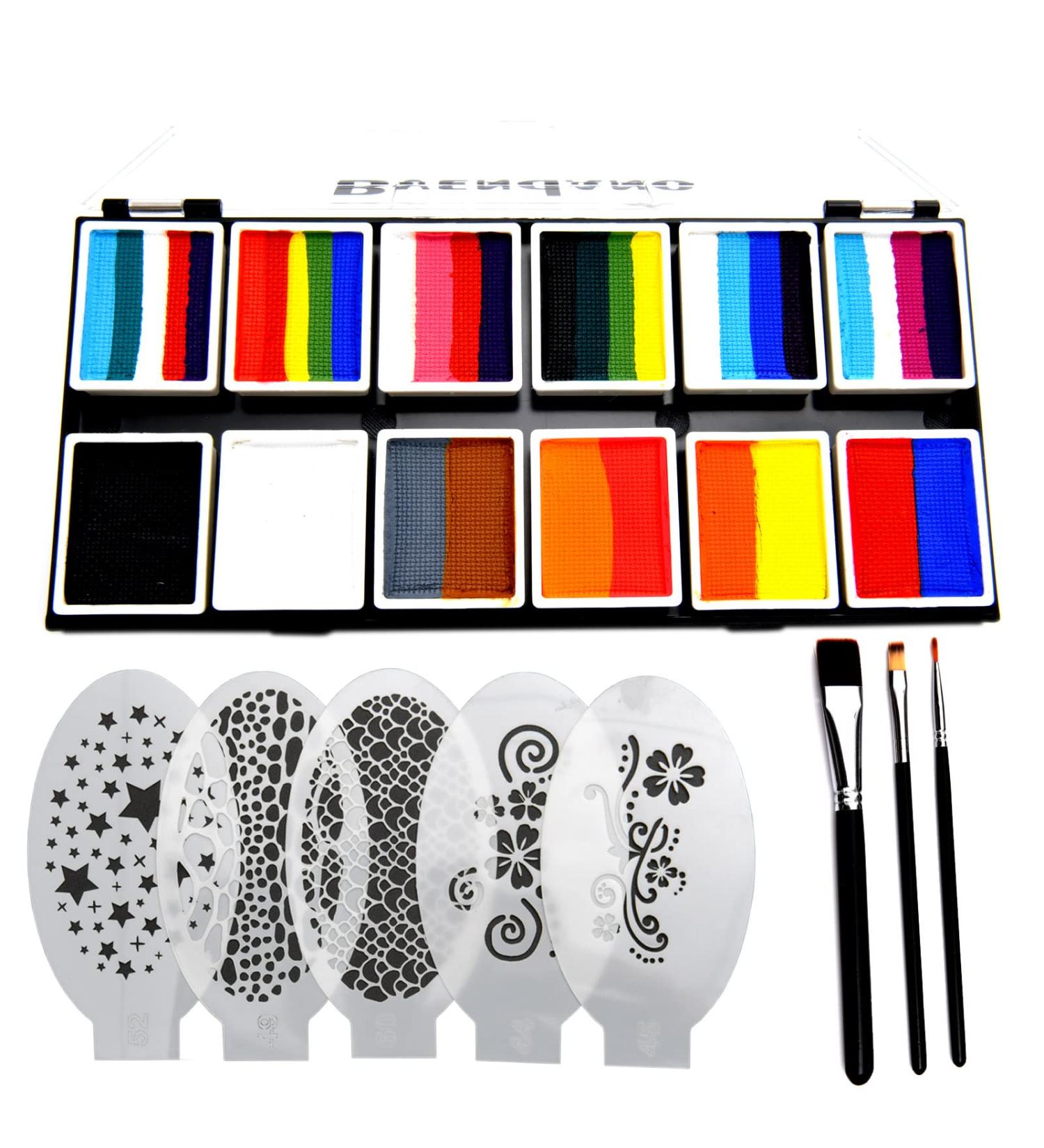 BVENDANO Professional Face Paint Palette- 12 Color Water Activated Kit for Kids & Adults - Non-Toxic Body & Face Painting Set with Stencils and Brushes - Buy Online on GoSupps.com