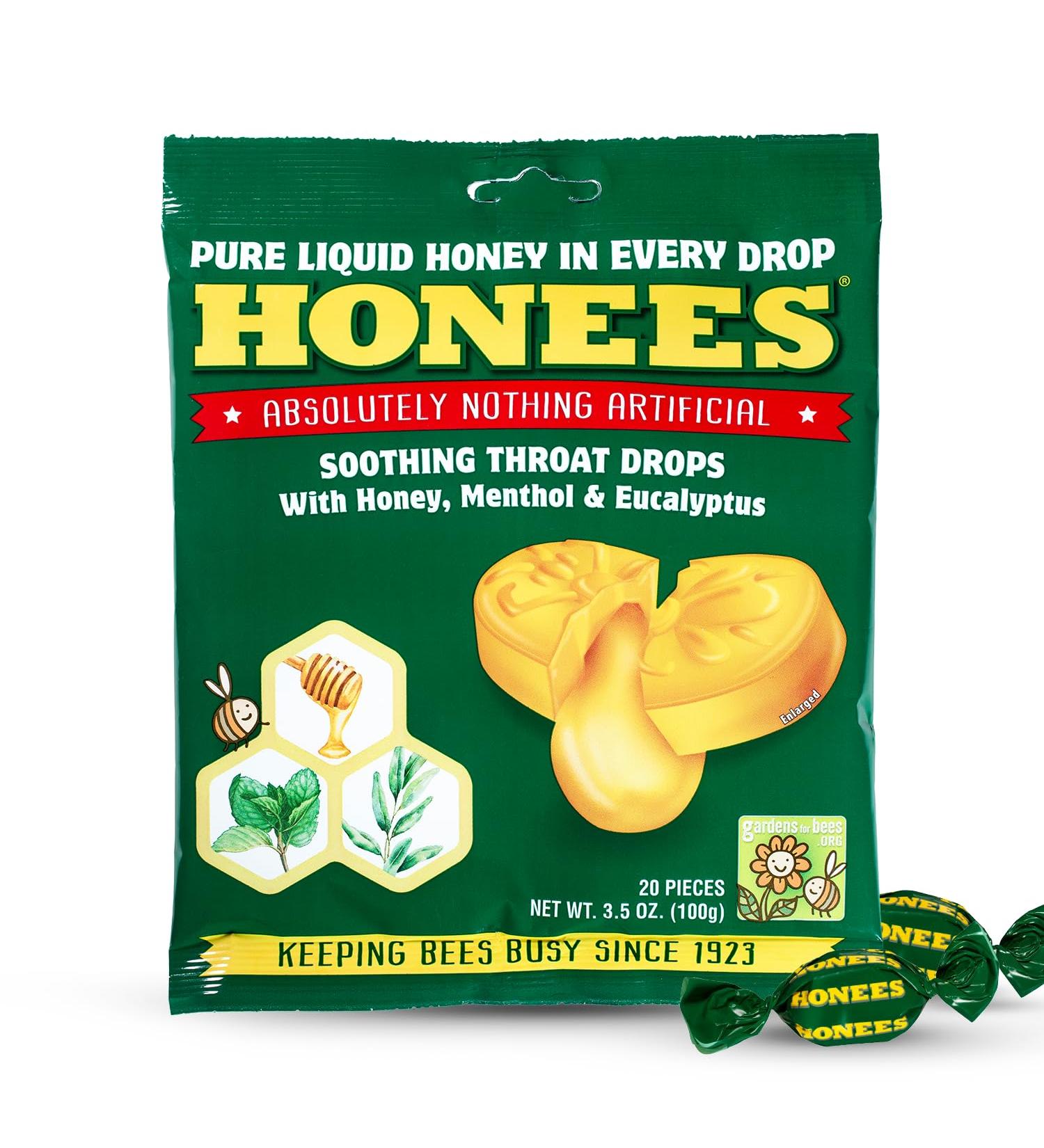 Honees Filled Menthol Cough Drops, Honey, Menthol & Eucalyptus Cough Drops- Natural Sore Throat Relief - Nothing Artificial -Throat Lozenges, Non-GMO (12 Pack 240 Drops) - Buy Online on GoSupps.com