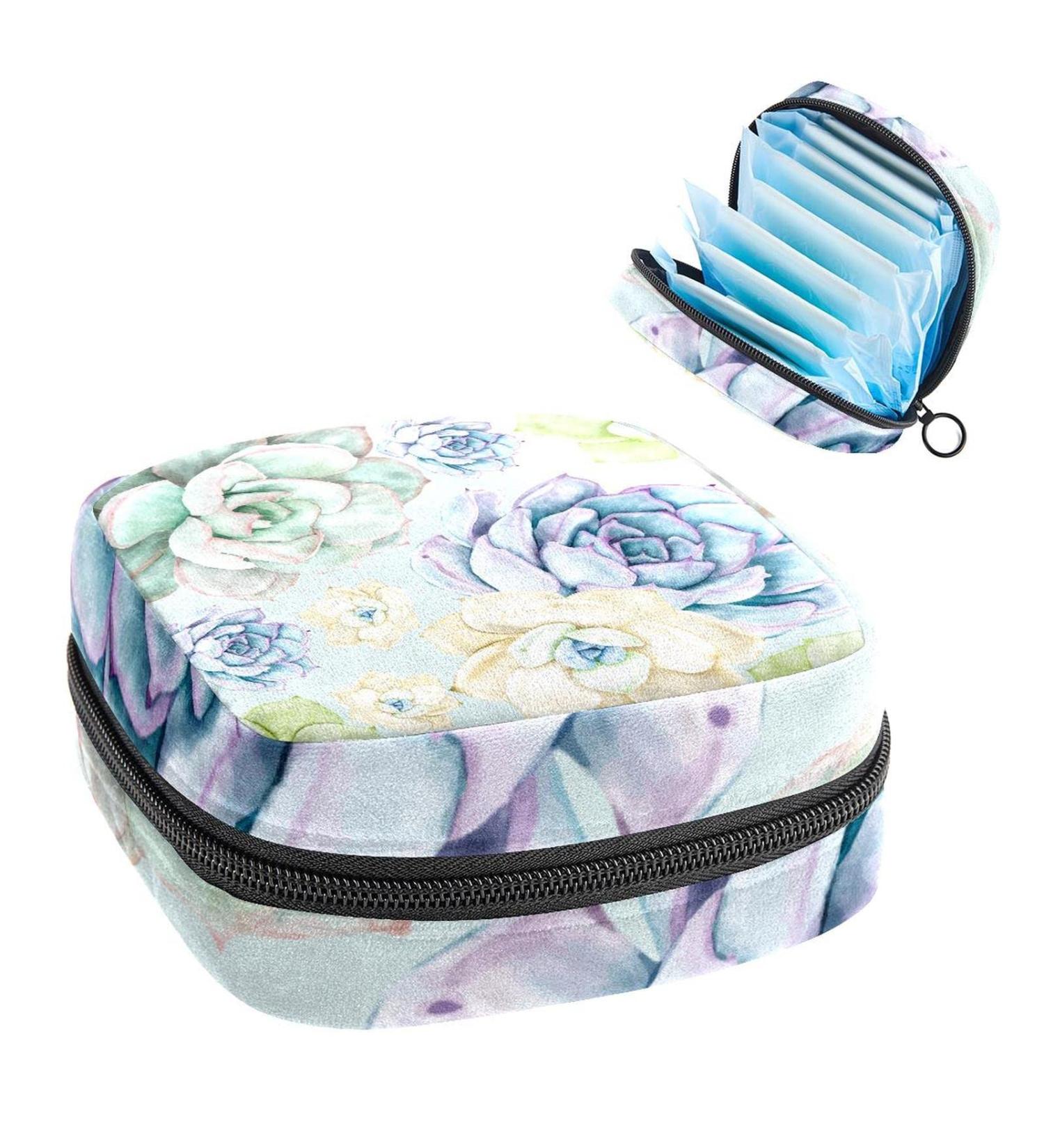 Feminine Watercolor Succulent Flowers Tie Storage Bag | Portable Menstrual Cup & Tampon Holder for Women & Teens - Multicolored - Buy Online on GoSupps.com