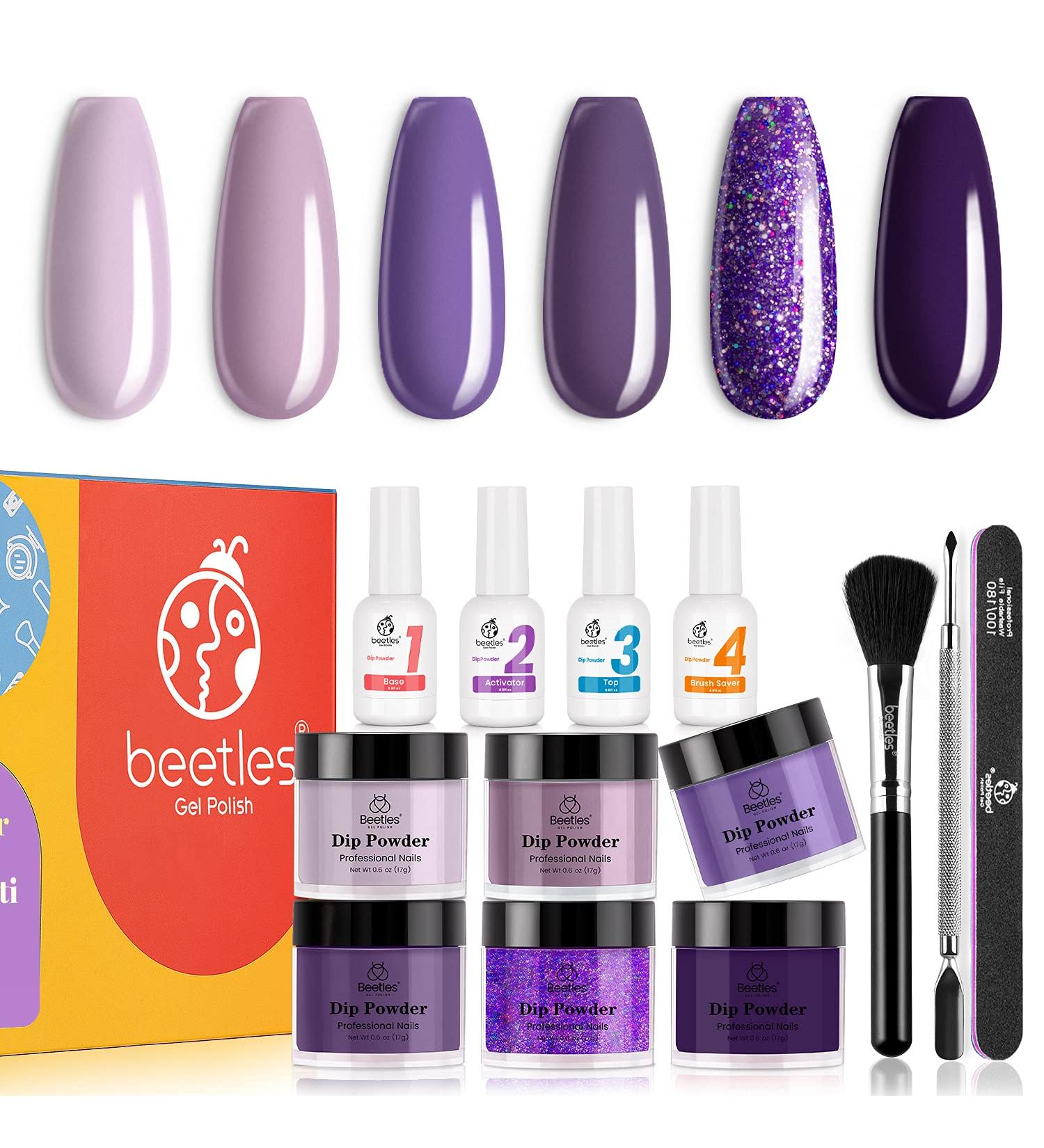 Beetles 6 Colors Dip Powder Nail Kit Starter - Purple Glitter French Manicure Set - No LED Lamp Needed - DIY Home Gift Box - E-grape Vine - Buy Online on GoSupps.com