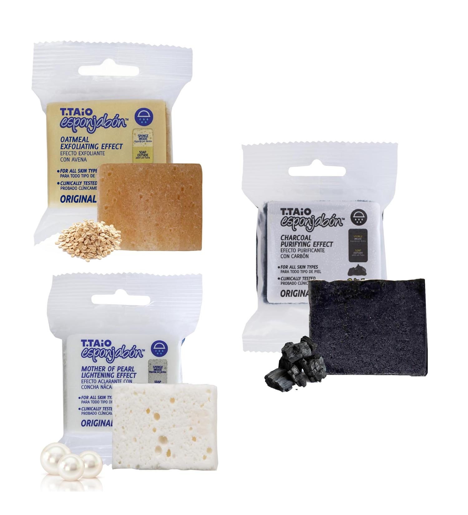 Shop T.Taio Esponjabon Variety Pack - Mini Travel Size Soap Sponges | Mother of Pearl Oatmeal & Charcoal for All Skincare Needs | Perfect for On-The-Go Cleansing - Buy Online on GoSupps.com