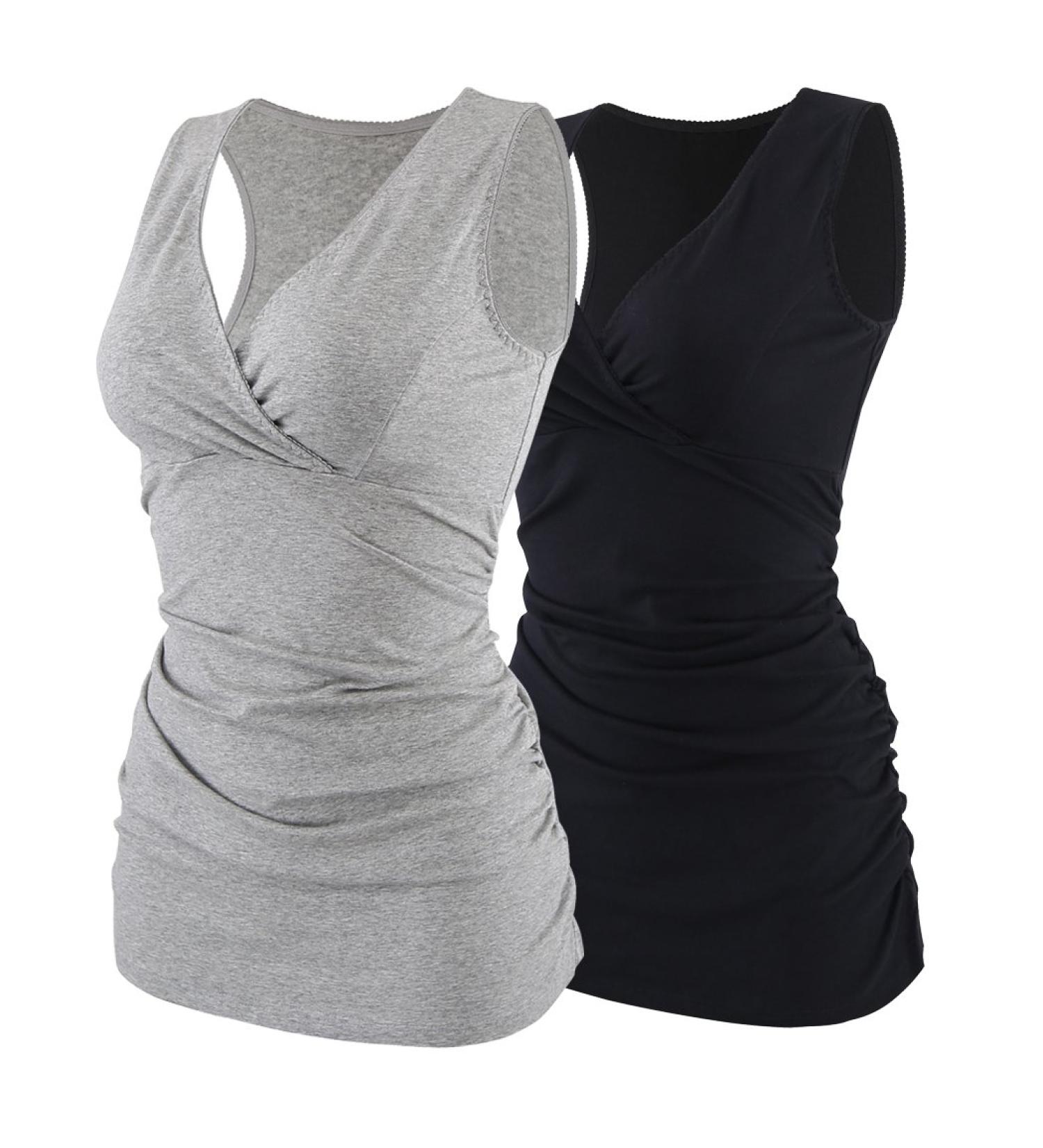 ZUMIY Maternity Nursing Top | Women's Cotton V Neck Ruched Waist | Double Layered Tank | Black+Grey 2-Pack - Buy Online on GoSupps.com