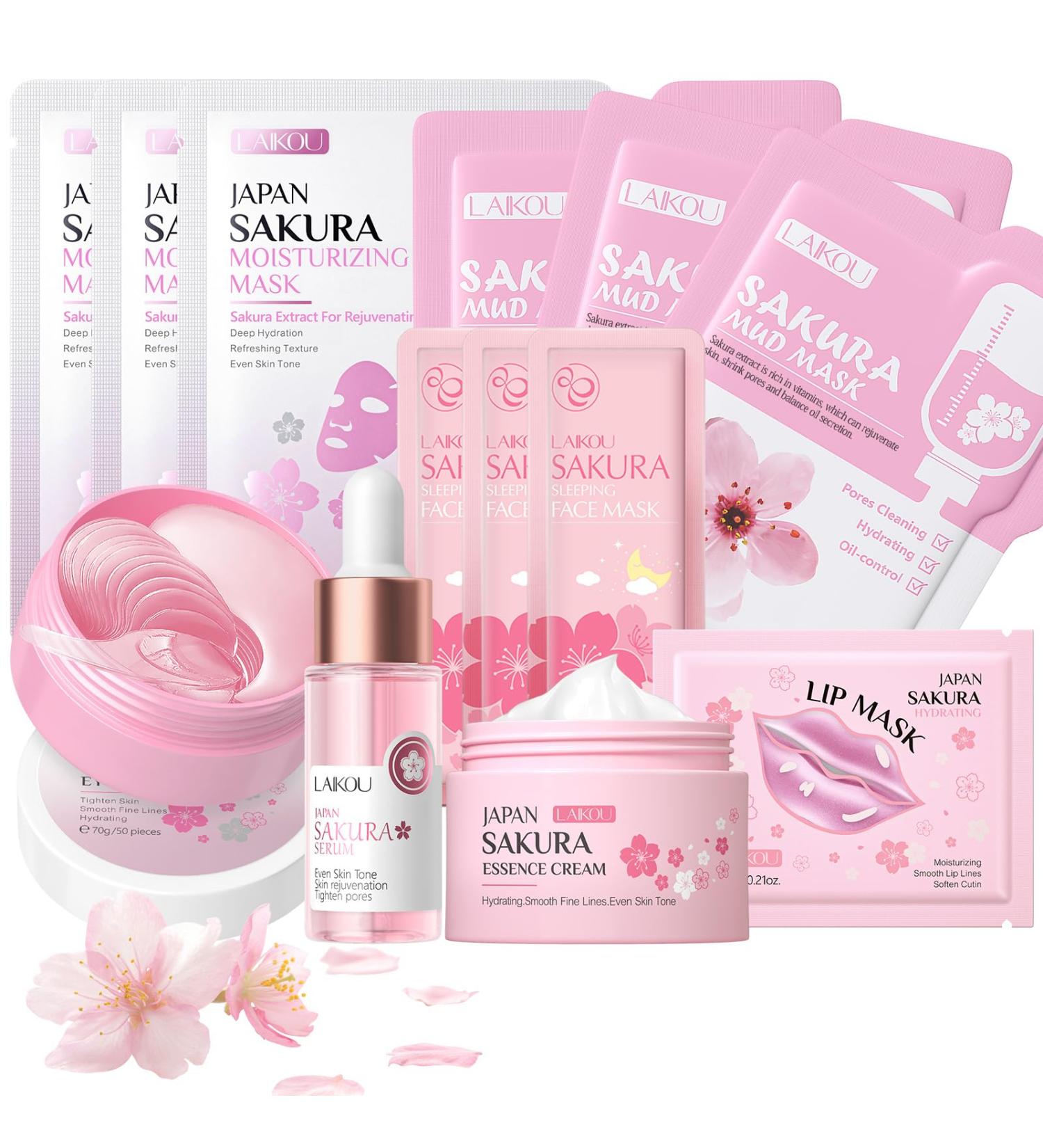 Japan Sakura Facial Skincare Set - 13PCS Hydrating Gift Set for Teenage Girls & Women | Serum Cream Eye & Lip Masks - Buy Online on GoSupps.com