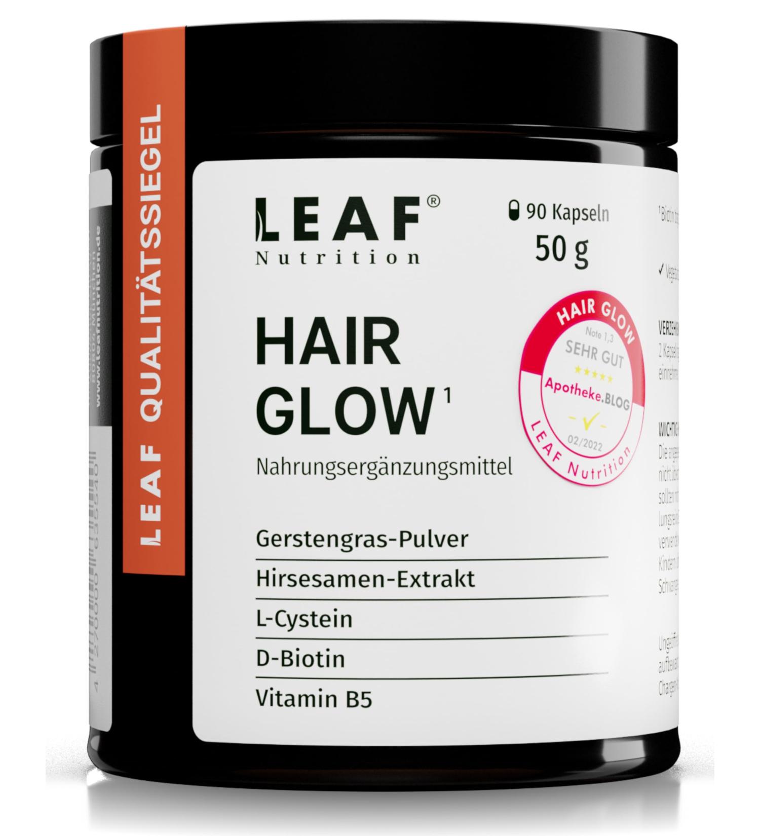 Leaf Hair Glow Capsules - Vegan Nutritional Supplement with D-Biotin Barley Grass & Deer Seeds | 90 Pieces for 45 Days | Sustainable Glass Packaging | Made in Germany - Buy Online on GoSupps.com