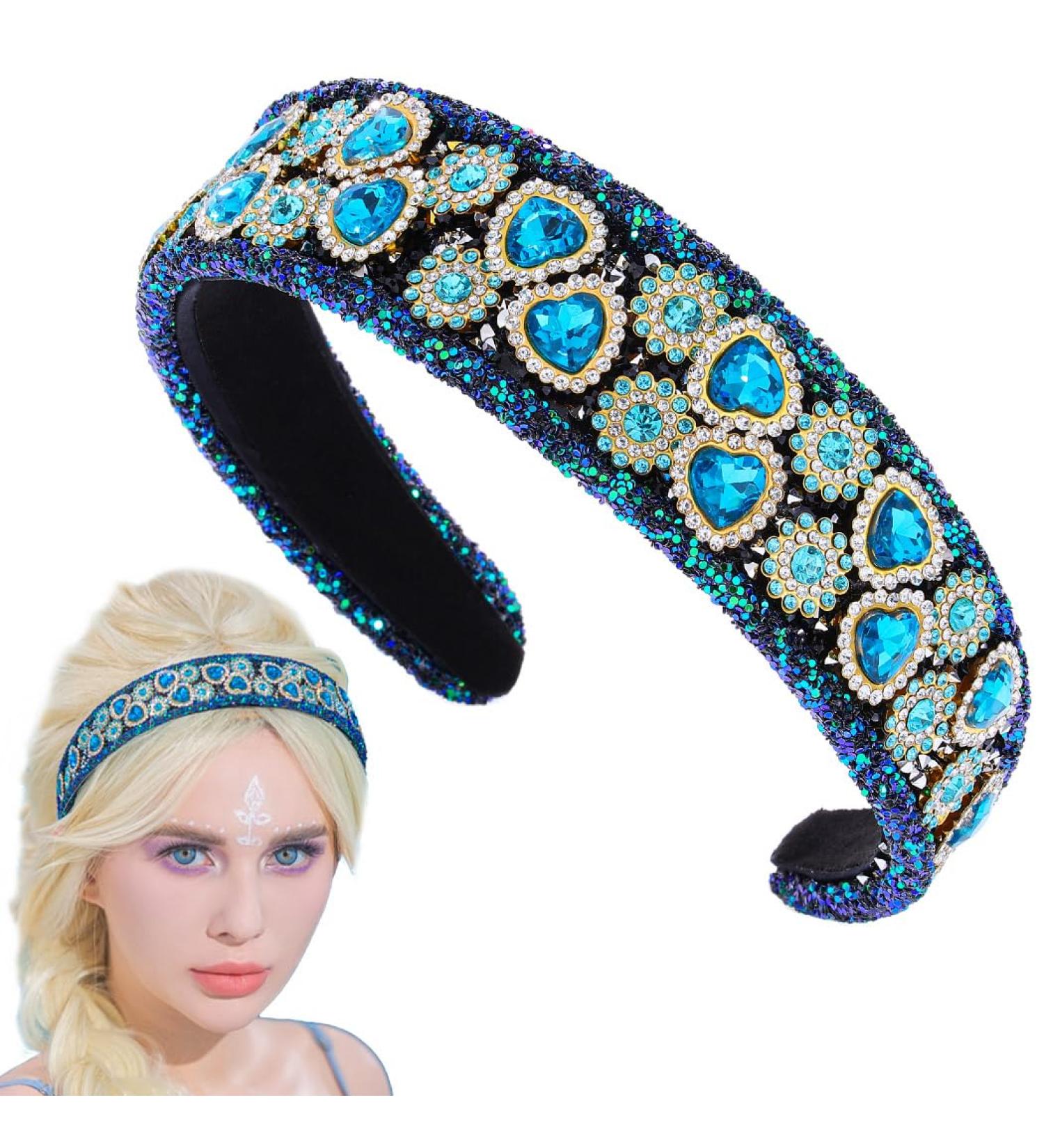 Flayem Rhinestone Headband Sparkly Crystal Headband Glitter Heart Paddle Wide Hairband Gorgeous Banquet Hair Hoop Accessories for Women and Girls (Blue Crystal) - Buy Online on GoSupps.com