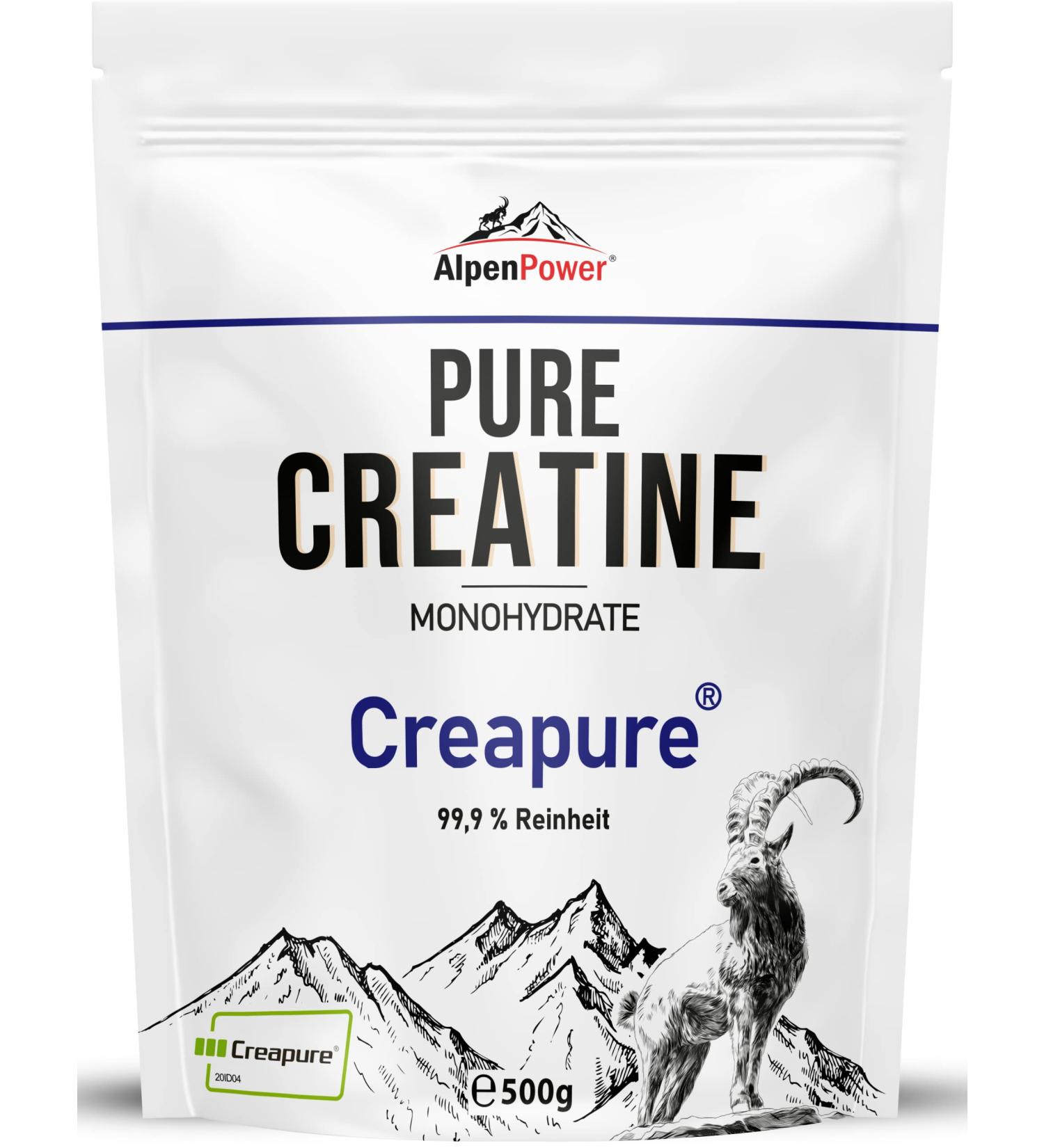 Alpenpower Creatine Monohydrate Creapure 500g - 99.9% Pure Vegan Power for Muscle Building - Made in Germany - Laboratory Tested Quality - Buy Online on GoSupps.com