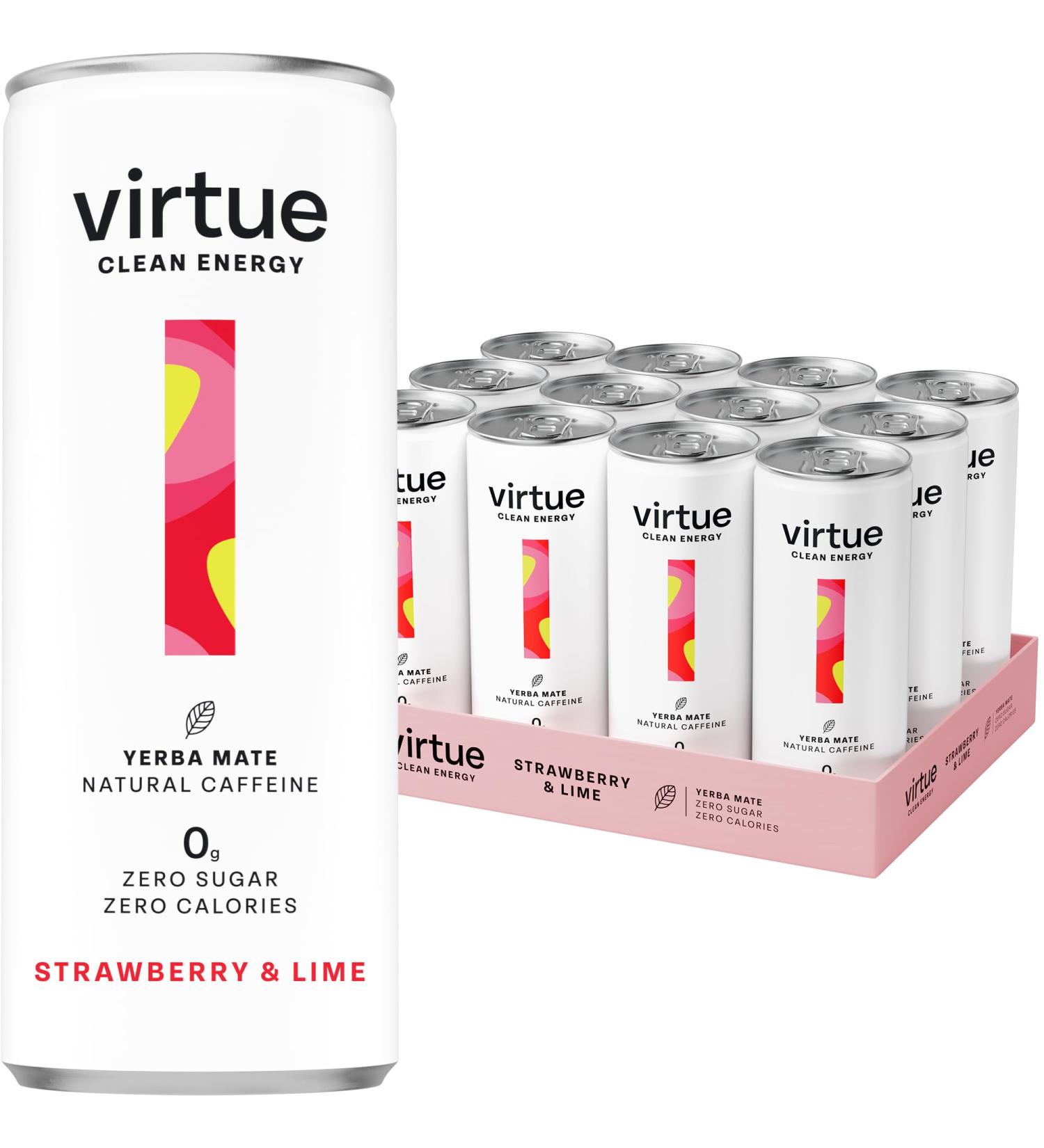 Refresh Brands Ltd Virtue Clean Energy Yerba Mate Natural Energy Drink No Sugar No Calories 12x250 ml Strawberry & Lime - Buy Online on GoSupps.com